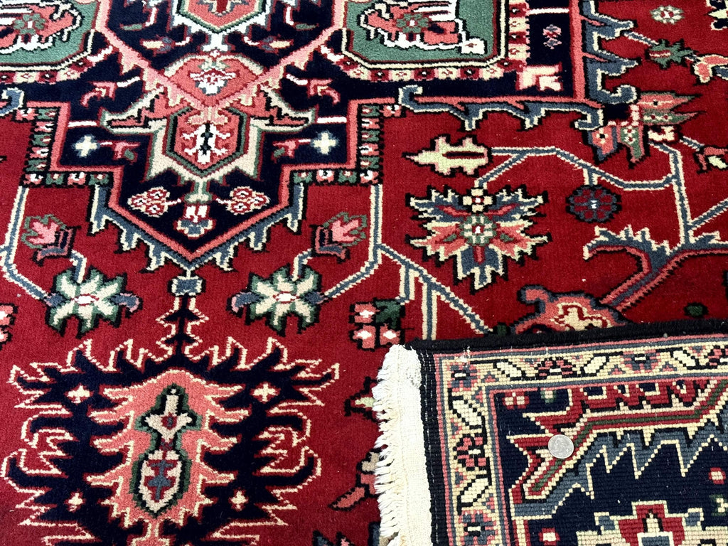 Indo Persian Heriz Rug 8x10, Geometric Medallion, Brick Red Ivory Navy Blue, Room Sized Heriz Carpet, Wool Rug