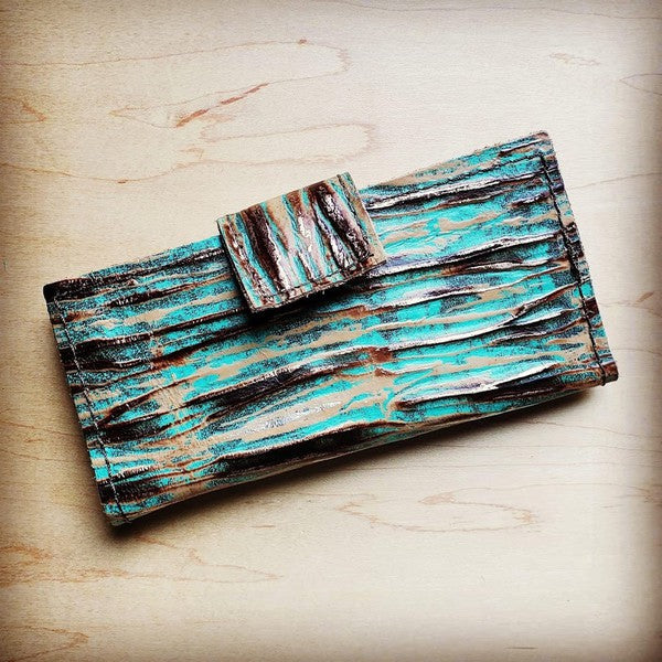 Embossed Leather Wallet-Turq Chateau with Snap