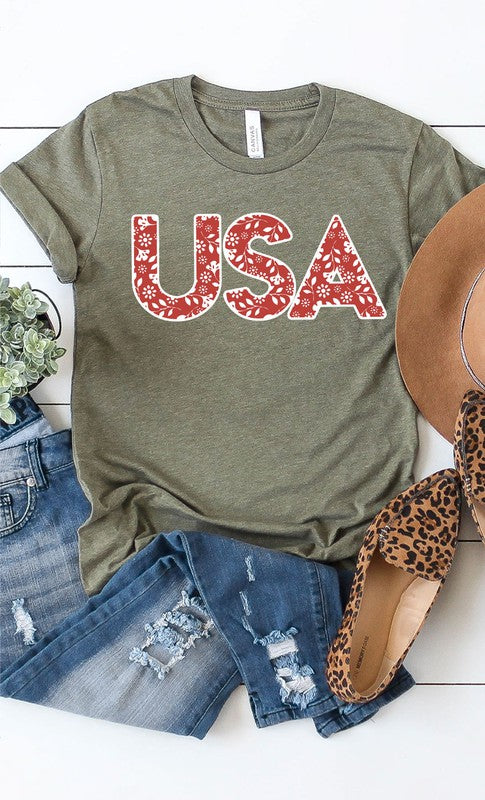 Red and White Floral USA Graphic Tee T-Shirt