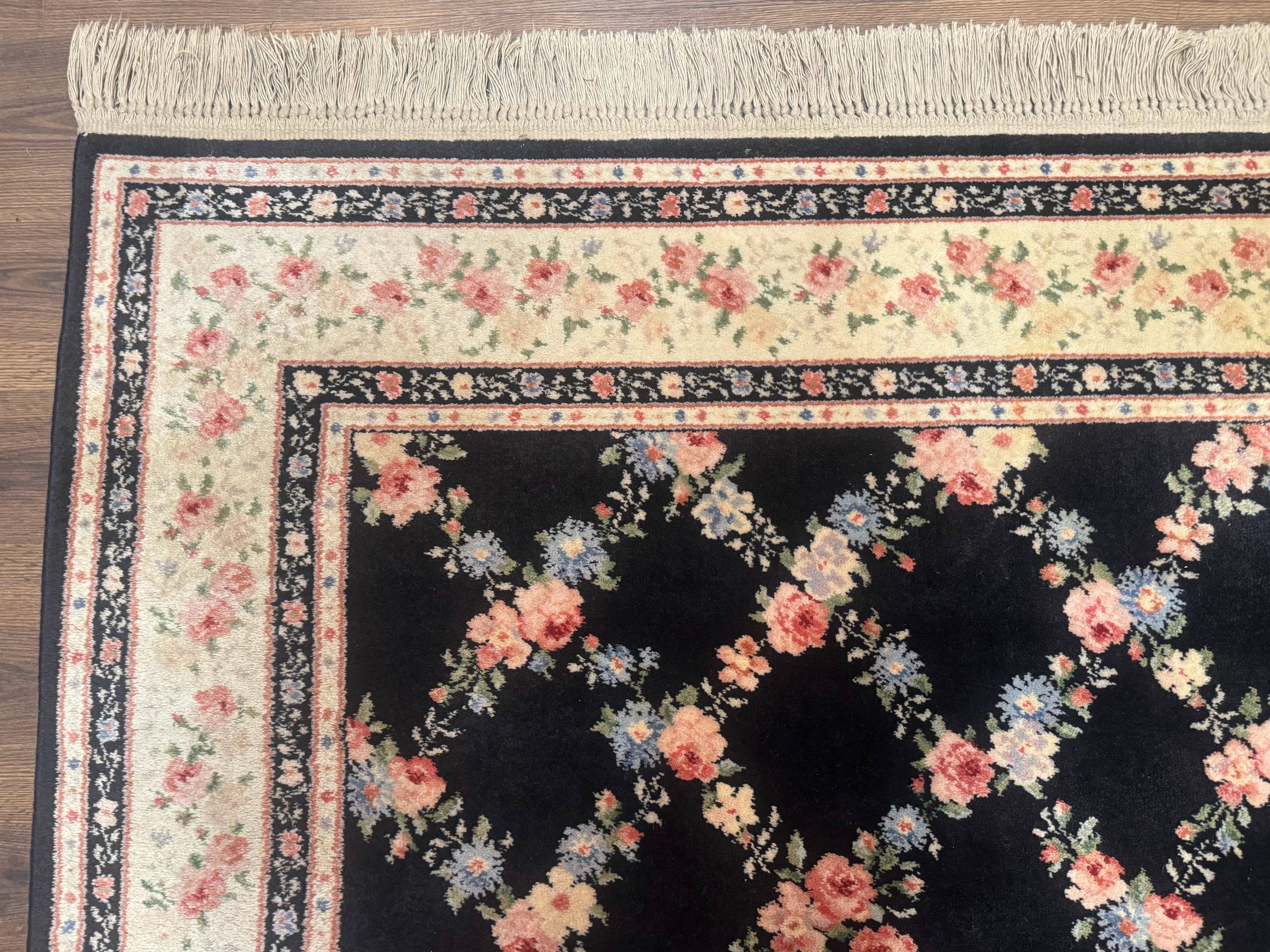 8.8 x 12 Karastan Garden of Eden Rug, Ebony Trellis #509/1270, Black, Floral, Wool Pile, Vintage, Discontinued