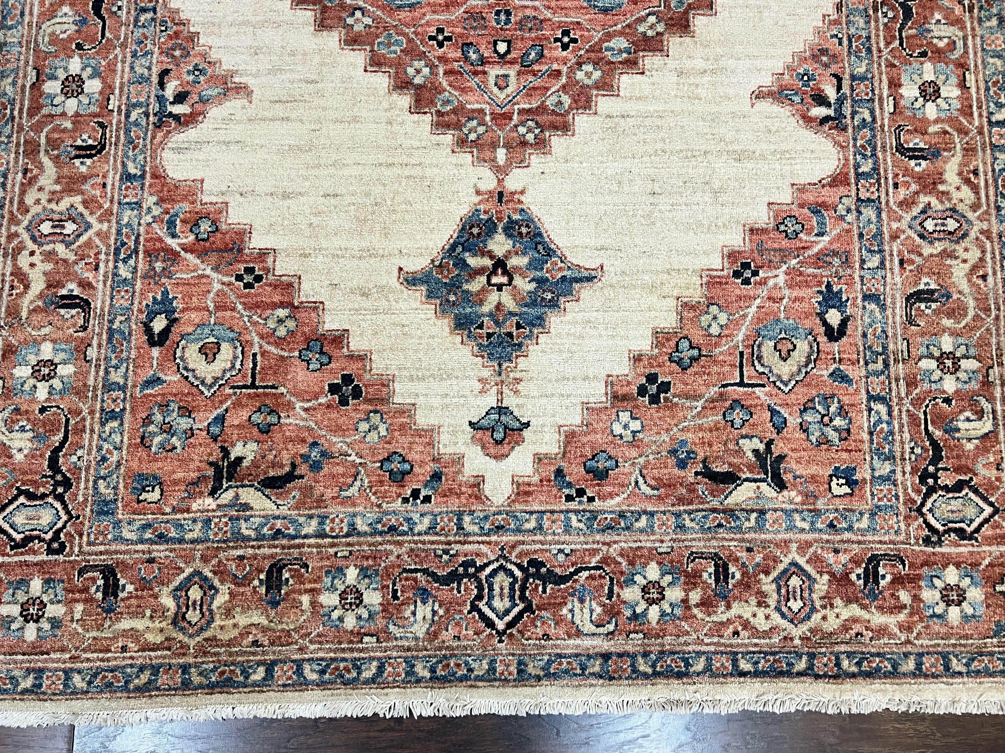 Peshawar Rug 5x7, Wool Hand Knotted Handmade Vintage Carpet, Serapi Design, Pakistani Rug 5 x 7 ft, Medium Sized, Geometric Rug