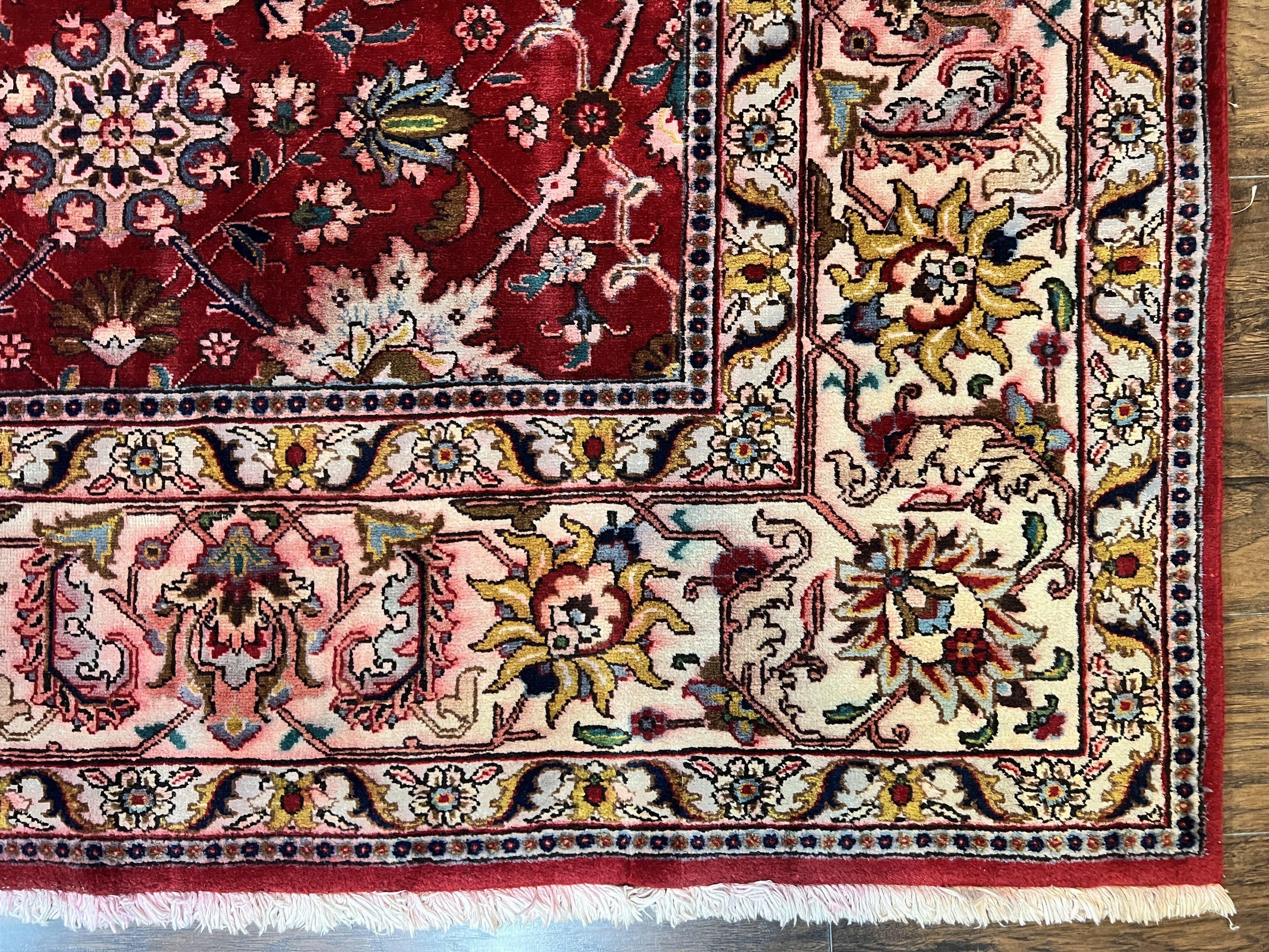 Persian Tabriz Rug 10x12, Floral Allover, Handmade Vintage Wool Carpet, Red and Cream