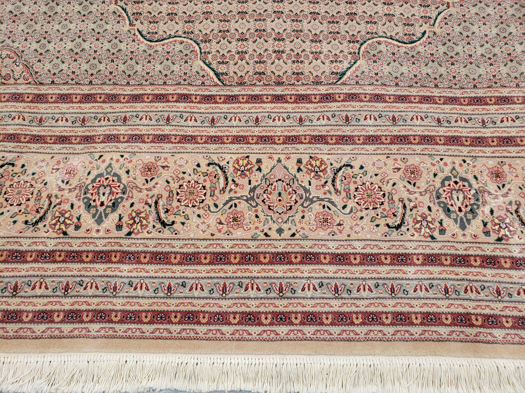 Stunning Oversized Pak Persian Oriental Rug 12x15, Hand Knotted Wool & Silk Palace Sized Carpet, Mahi Pattern, Very Fine, Peach Beige, Wow