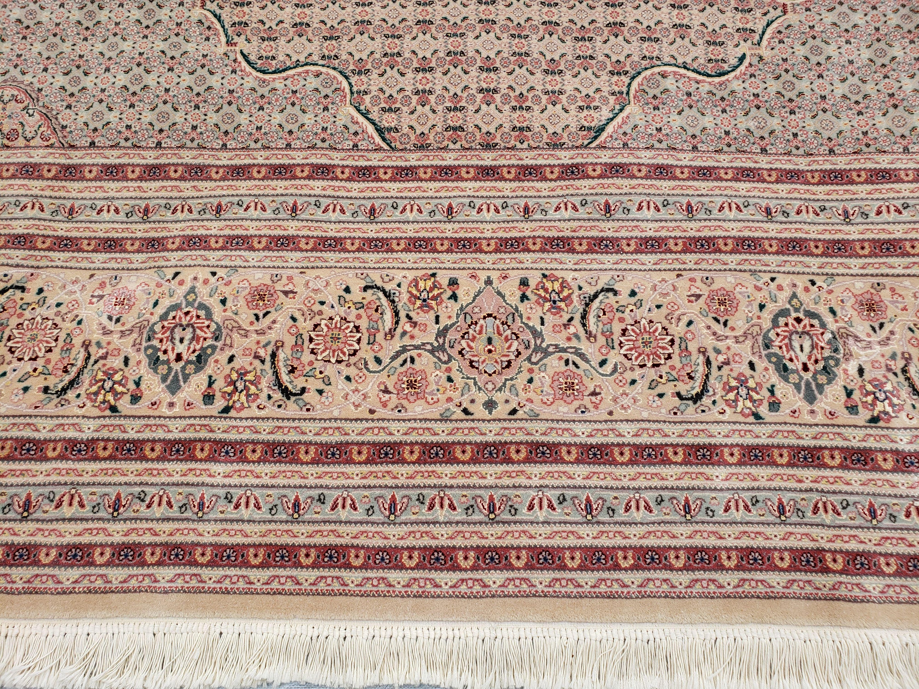 Stunning Oversized Pak Persian Oriental Rug 12x15, Hand Knotted Wool & Silk Palace Sized Carpet, Mahi Pattern, Very Fine, Peach Beige, Wow