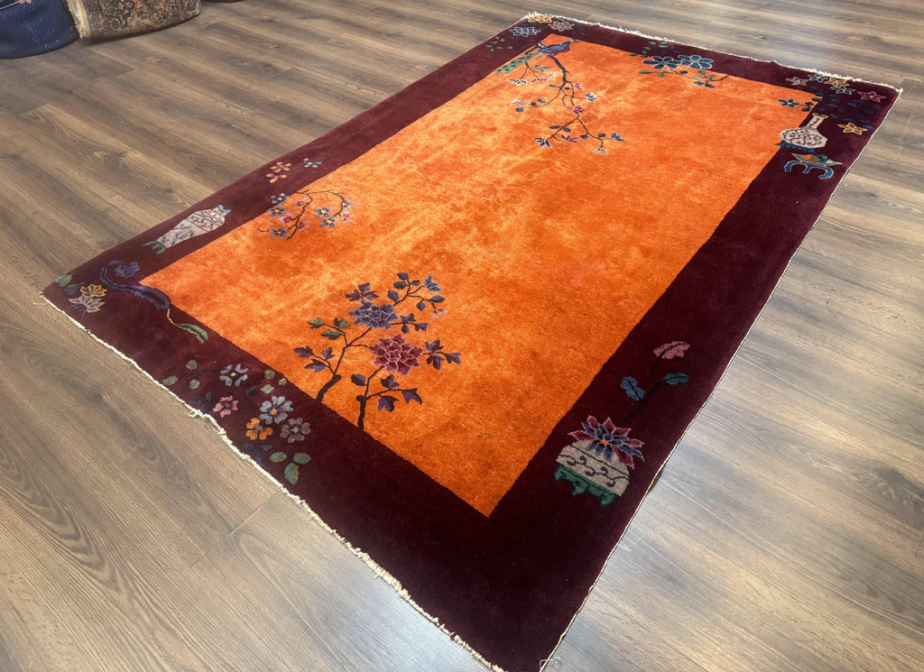 Chinese Art Deco Rug 5x8, Antique Chinese Wool Rug, Nichols Rug, Rare Chinese Carpet, Orange and Purple-Maroon