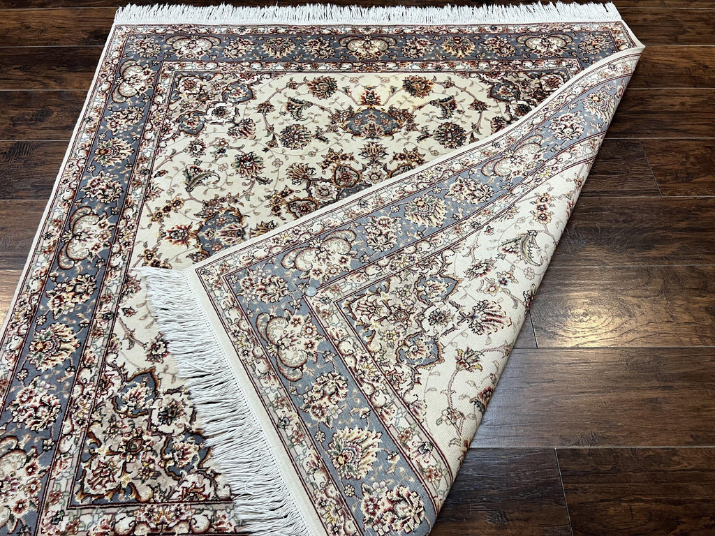 Sino Persian Square Rug 5x5, Very Fine Oriental Carpet, Wool & Silk Highlights, Ivory, Hand Knotted Handmade Vintage Traditional Rug