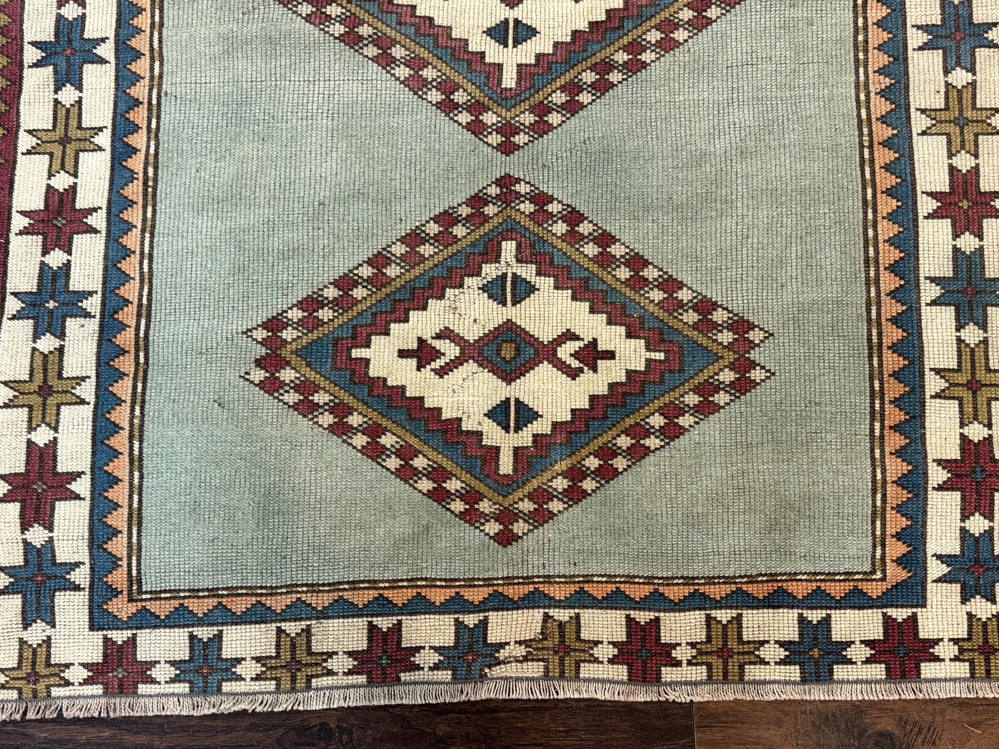 Turkish Kazak Rug 4x6, Geometric Medallion, Caucasian Design Rug, Semi Antique Vintage, Mint Green Maroon Ivory