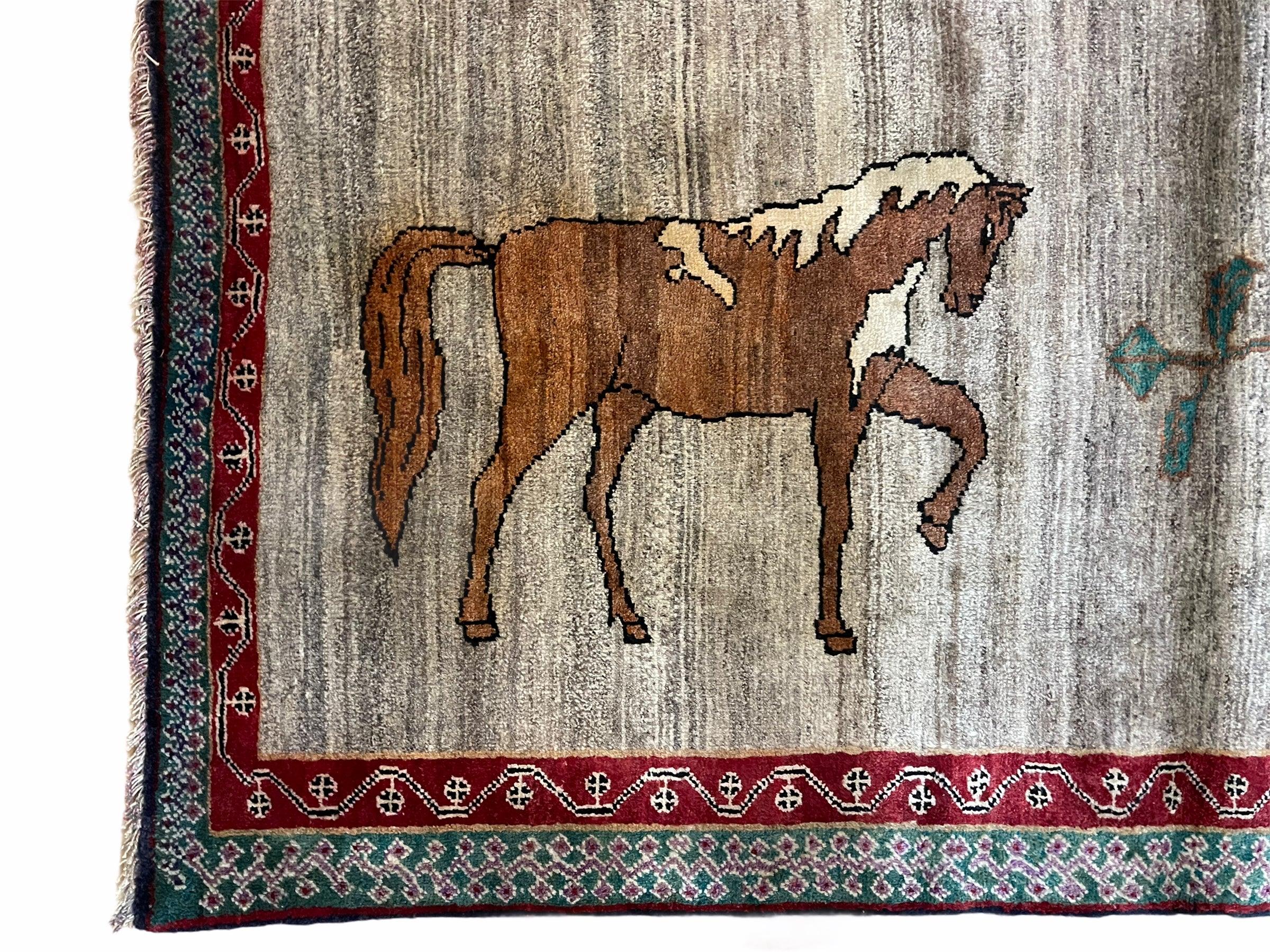 4 X 6 Handmade Rug Zagros New Vintage Quality Wool Rug Horses Silver Brown Nice