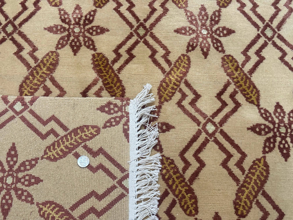 Tibetan Rug 8x10, Wool with Silk Highlights, Beige and Maroon, Contemporary Carpet