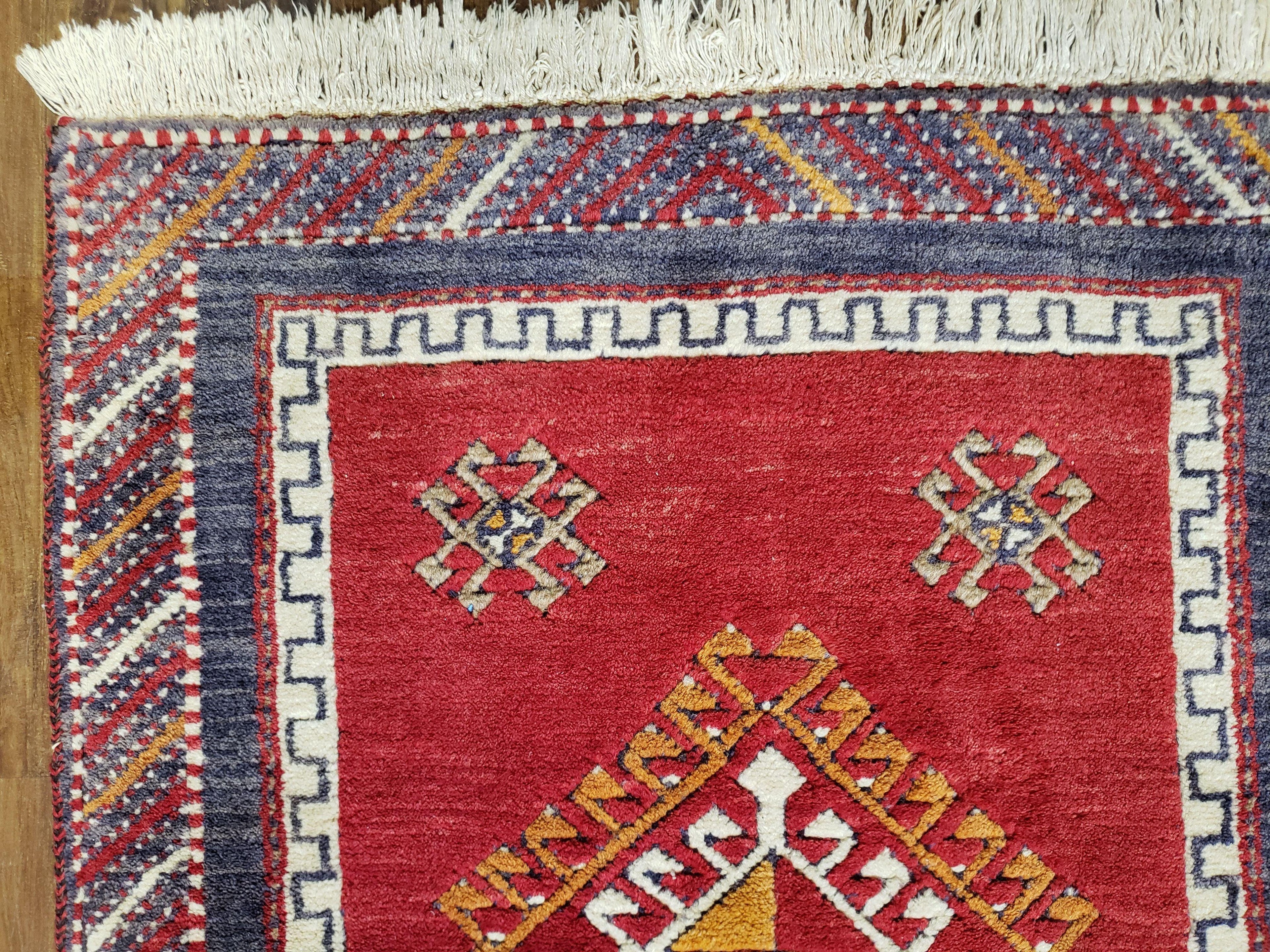 Vintage Turkish Kazak Rug 2.5 x 5 Red Wool Carpet Medallions Runner Geometric