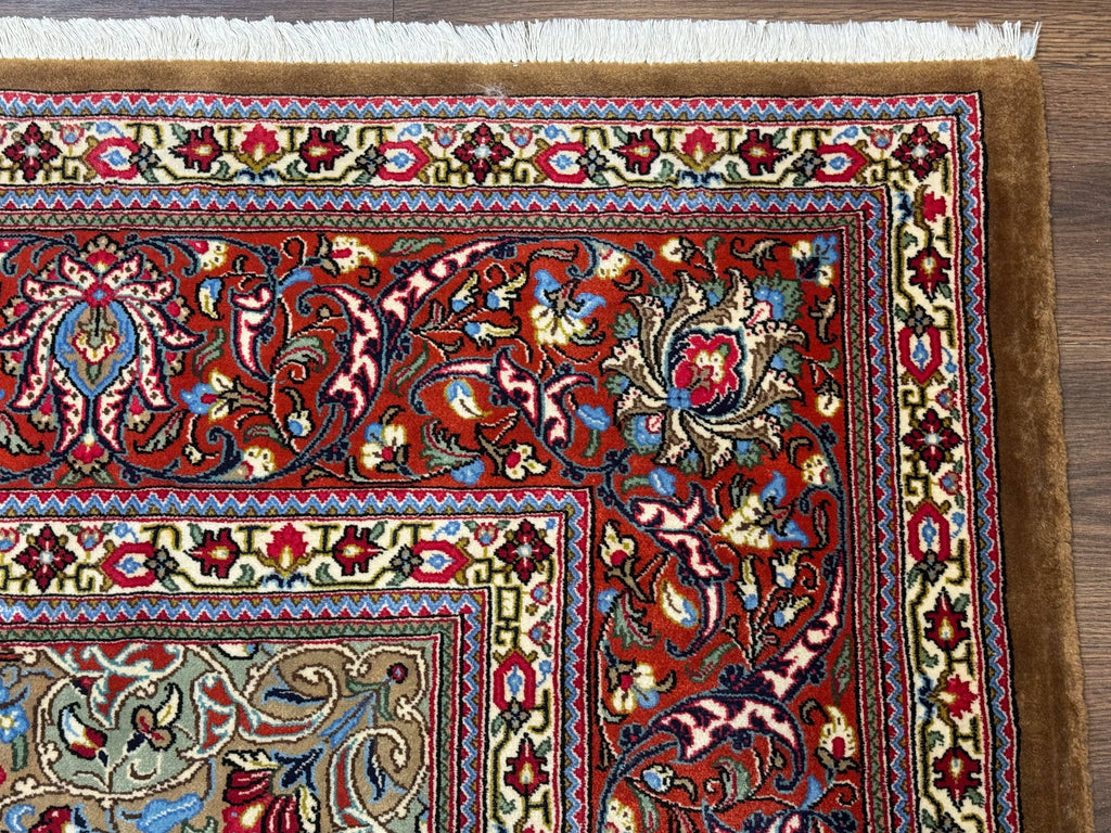 Persian Qum Rug 7x11, Beige and Red, Highly Detailed Floral Pattern, Fine 260 KPSI