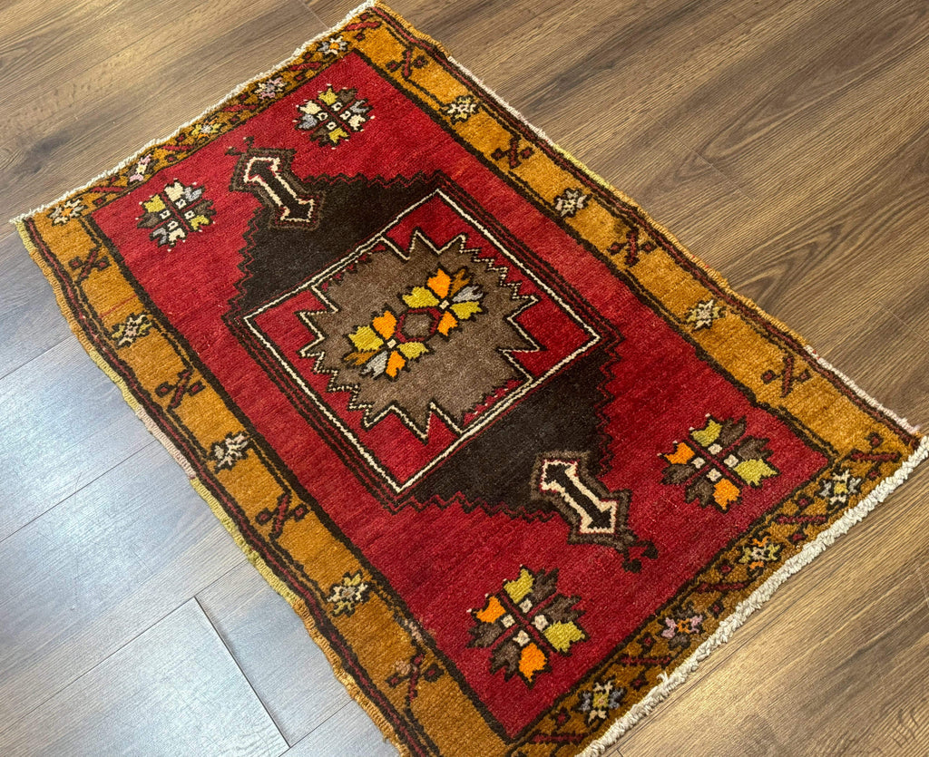Turkish Yastik Rug 2x3, Geometric Medallion, Small Turkish Wool Rug, Red