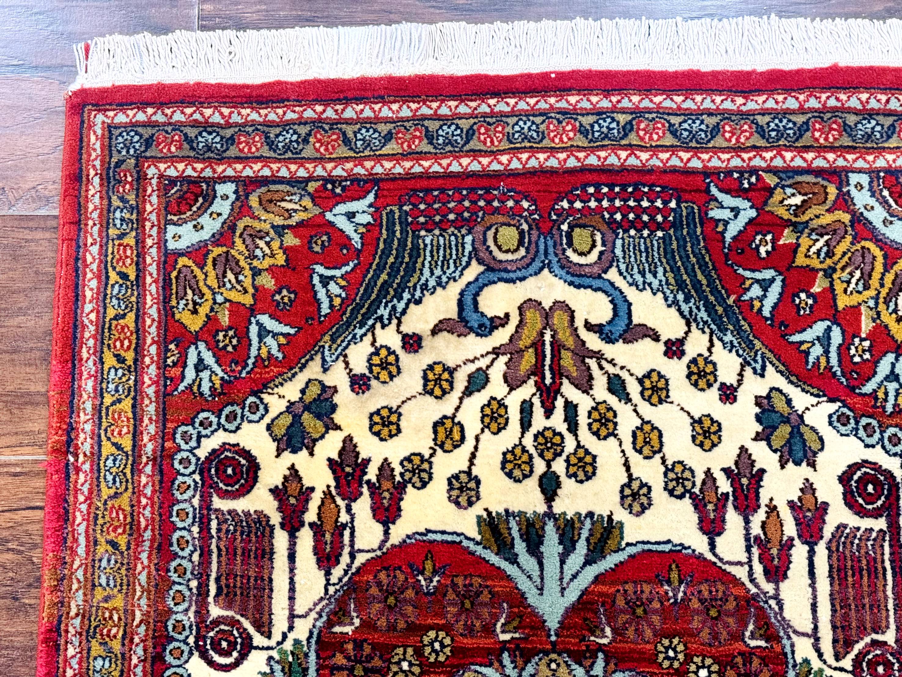 Persian Bijar Rug 2.6 x 4, Antique Carpet, Brick Red and Ivory