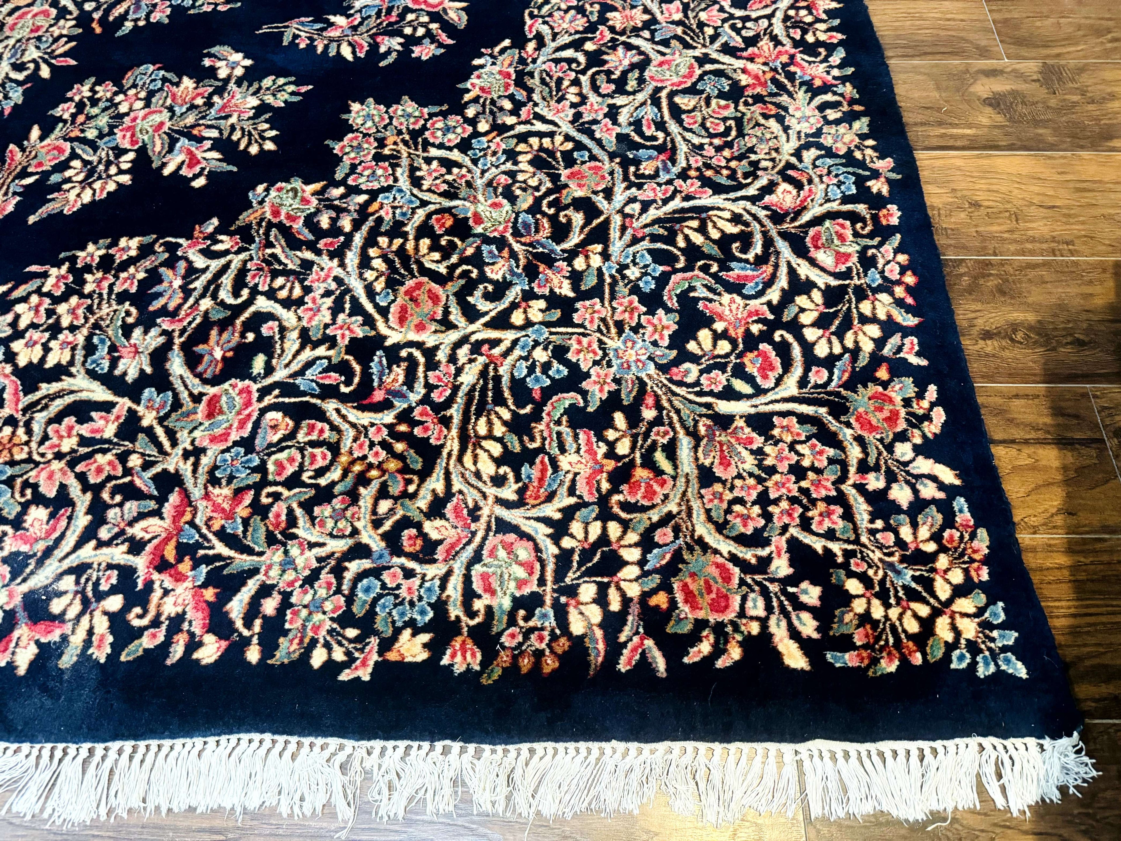 Antique Persian Kerman Rug 10x13, Navy Blue Floral Carpet, Fine 270 KPSI