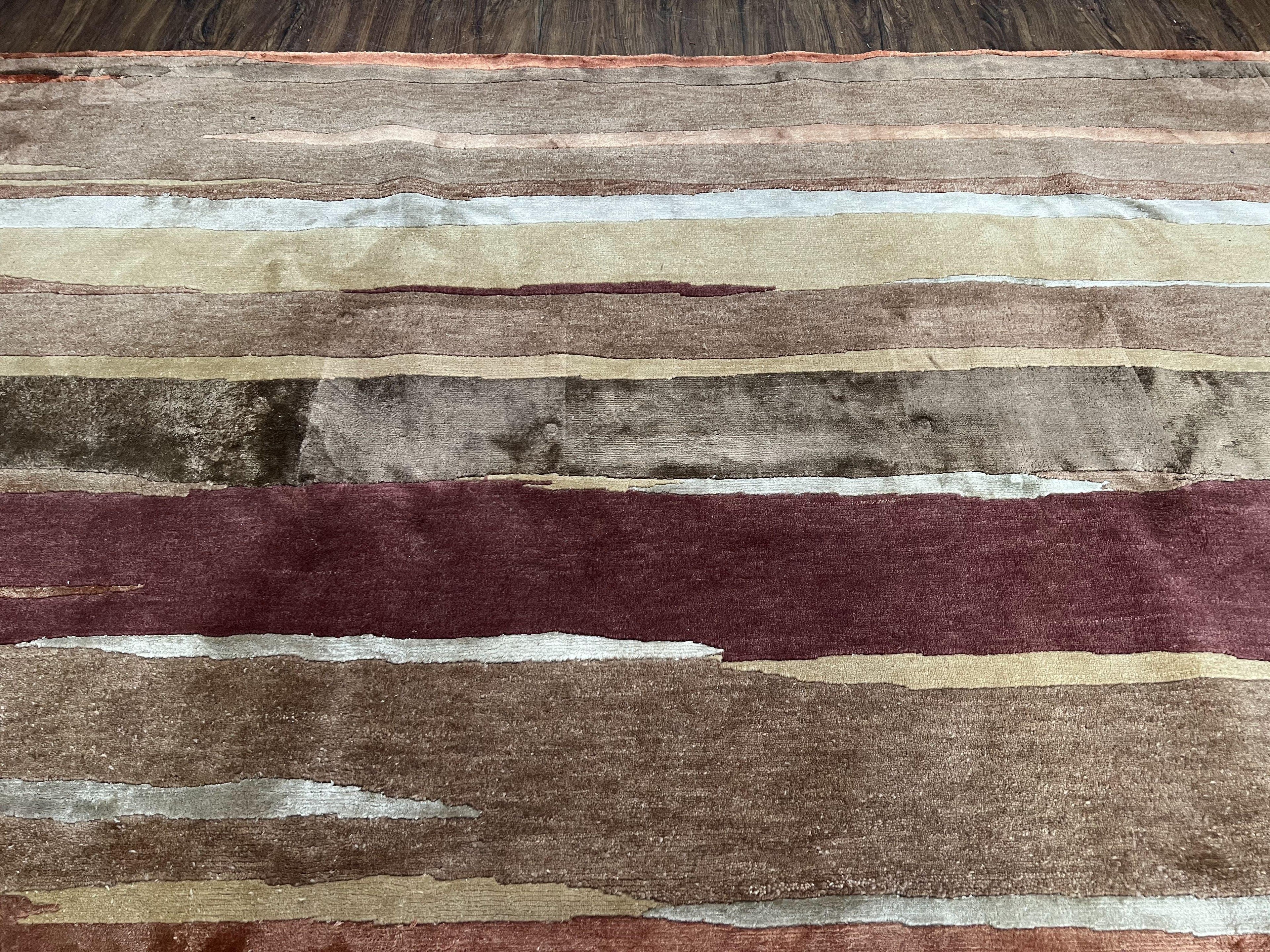 Modern Tibetan Rug 8x11 Nepali Carpet, Shiny Velvely Soft Wool and Silk, Contemporary Hand Knotted Rug, Striped Design, Wool Area Rug 8 x 11
