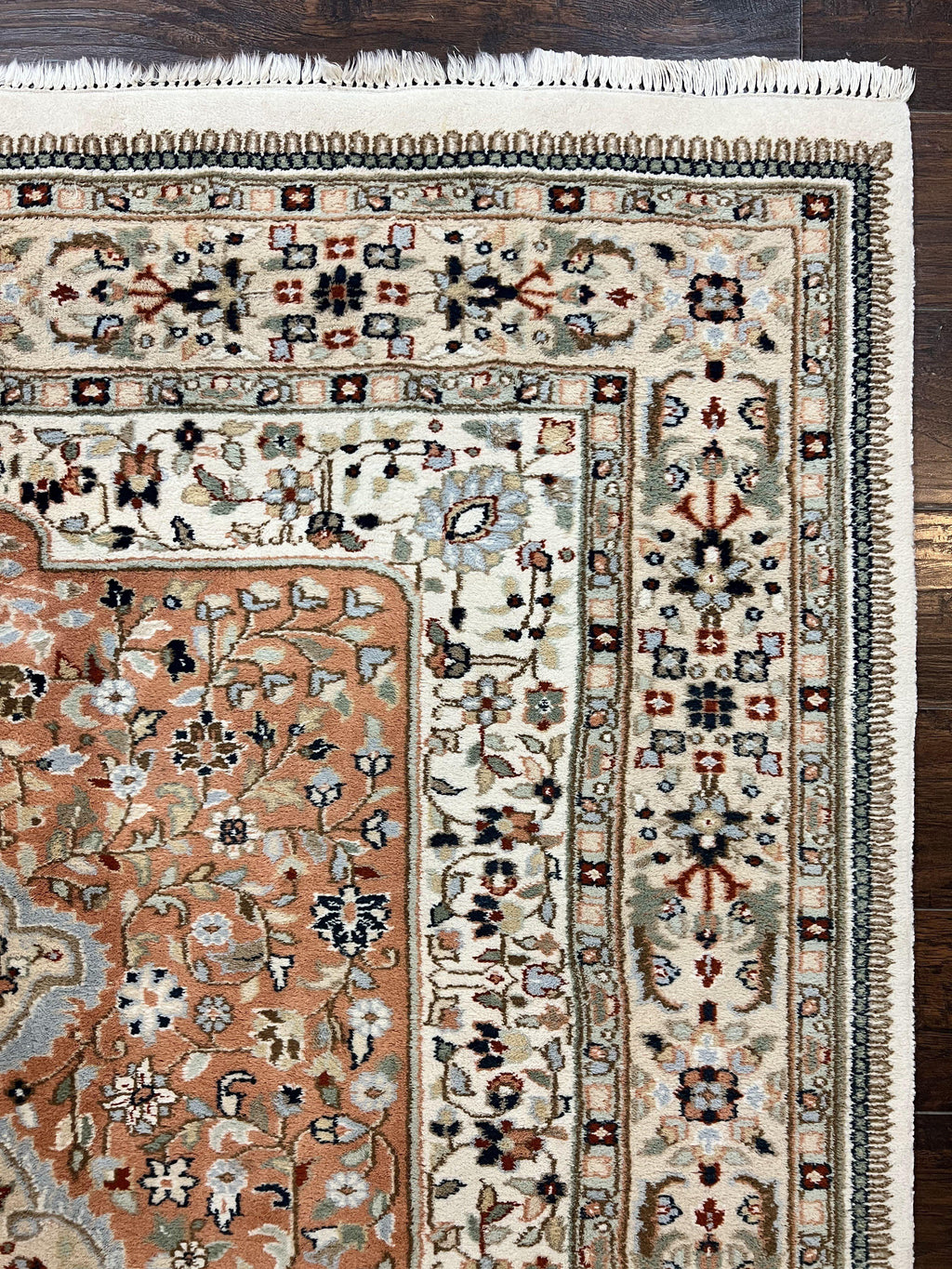 Indo Persian Rug 6x9, Wool Hand Knotted Vintage Carpet, Salmon & Ivory, Traditional Oriental Rug 6 x 9