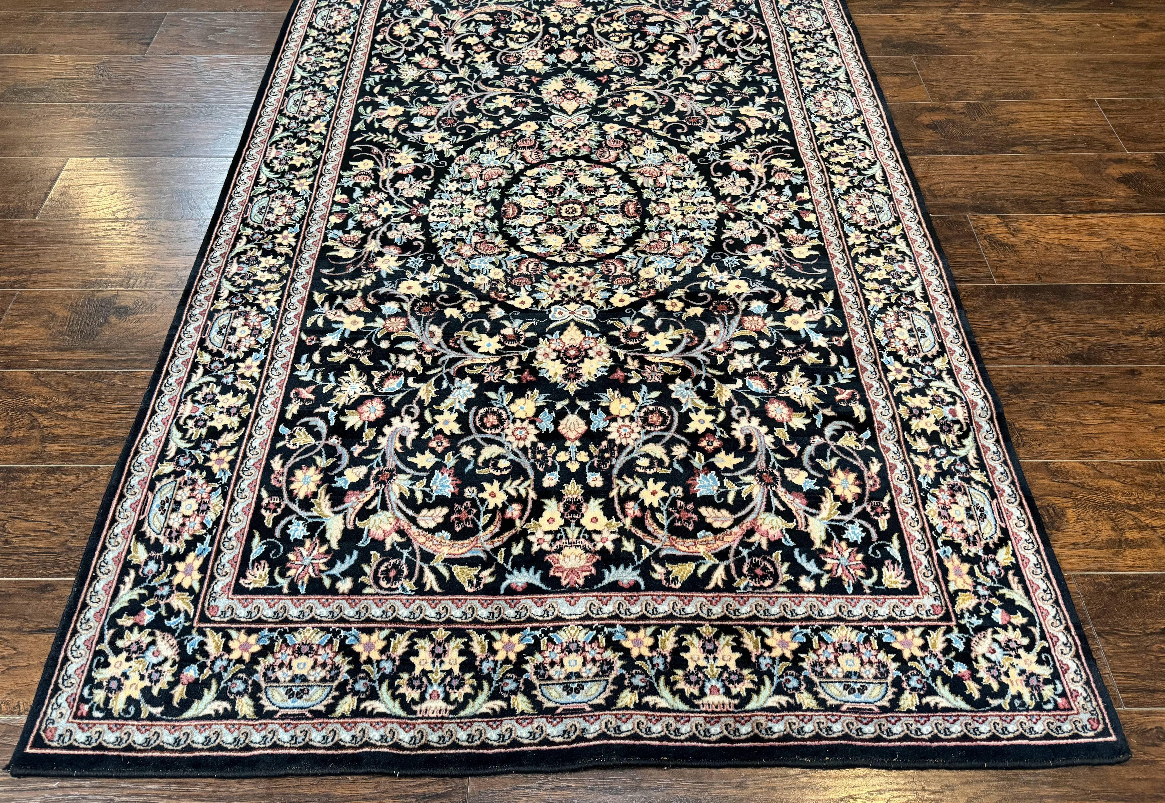 Pak Persian Rug 5x7, Floral, Colorful, Handmade Vintage Wool Rug, Finely Hand Knotted 225 KPSI, Black