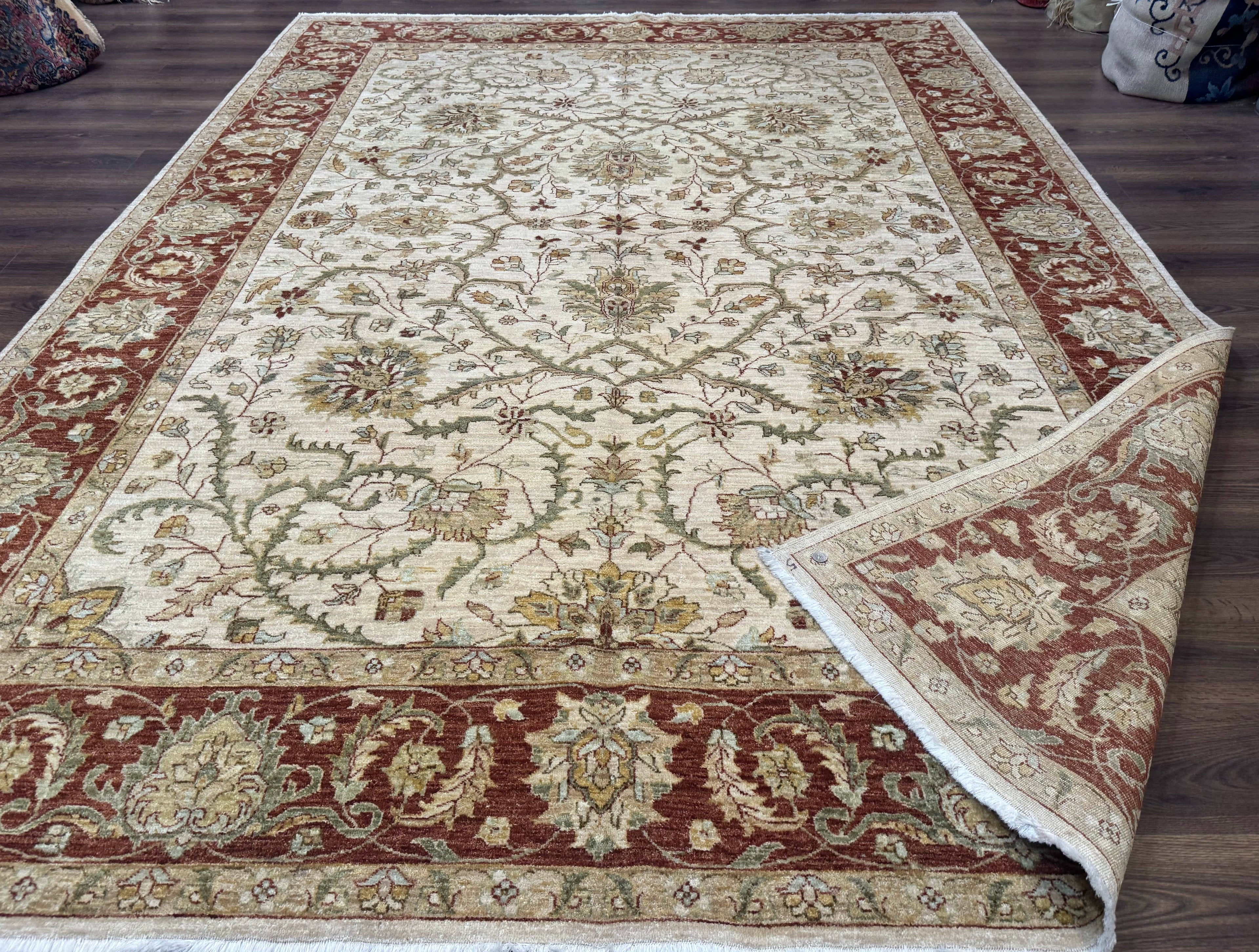 Pakistani Rug 9x12, Floral Allover Peshawar Carpet, Chobi, Beige and Rust Red, Traditional