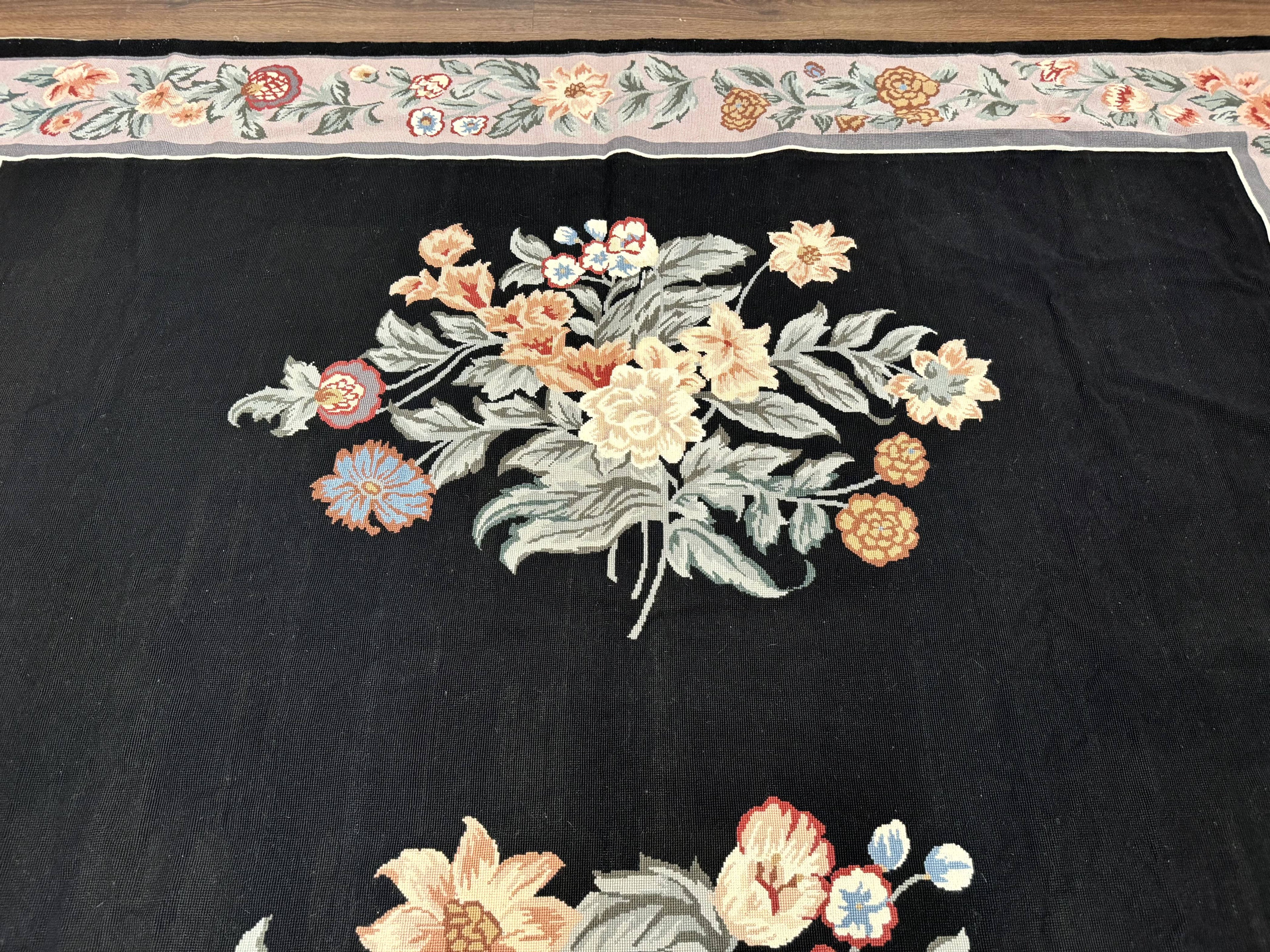Black Needlepoint Rug 8x11 with Multicolor Flowers, Vintage Carpet