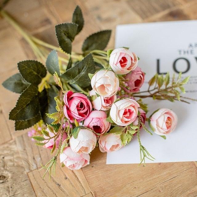 15heads/1 bundle Silk Tea Roses Bride Bouquet for Christmas Home Wedding New Year Decoration Fake Artificial Flowers Home Decor