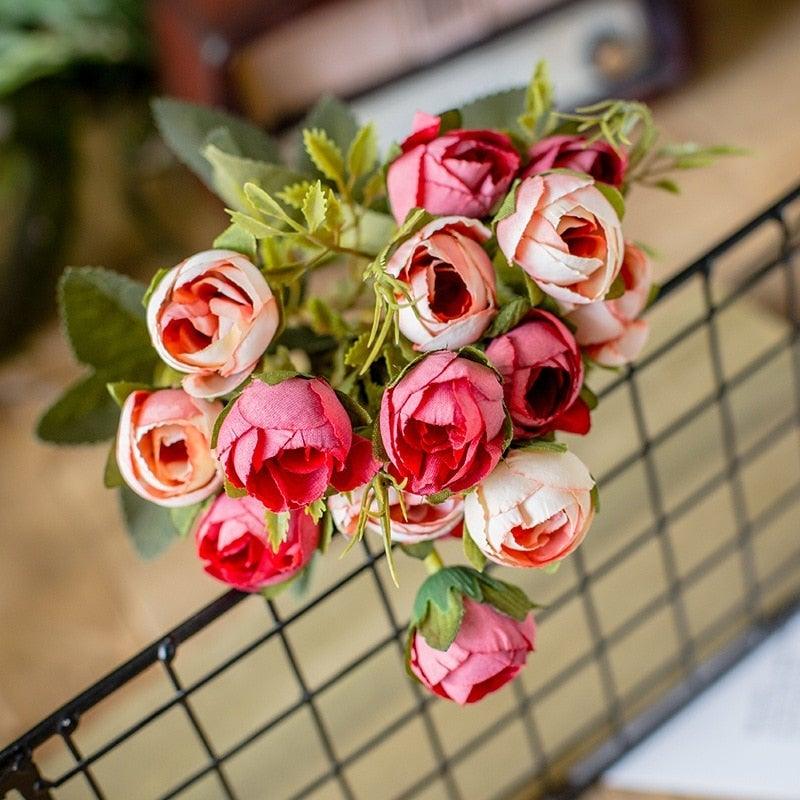 15heads/1 bundle Silk Tea Roses Bride Bouquet for Christmas Home Wedding New Year Decoration Fake Artificial Flowers Home Decor