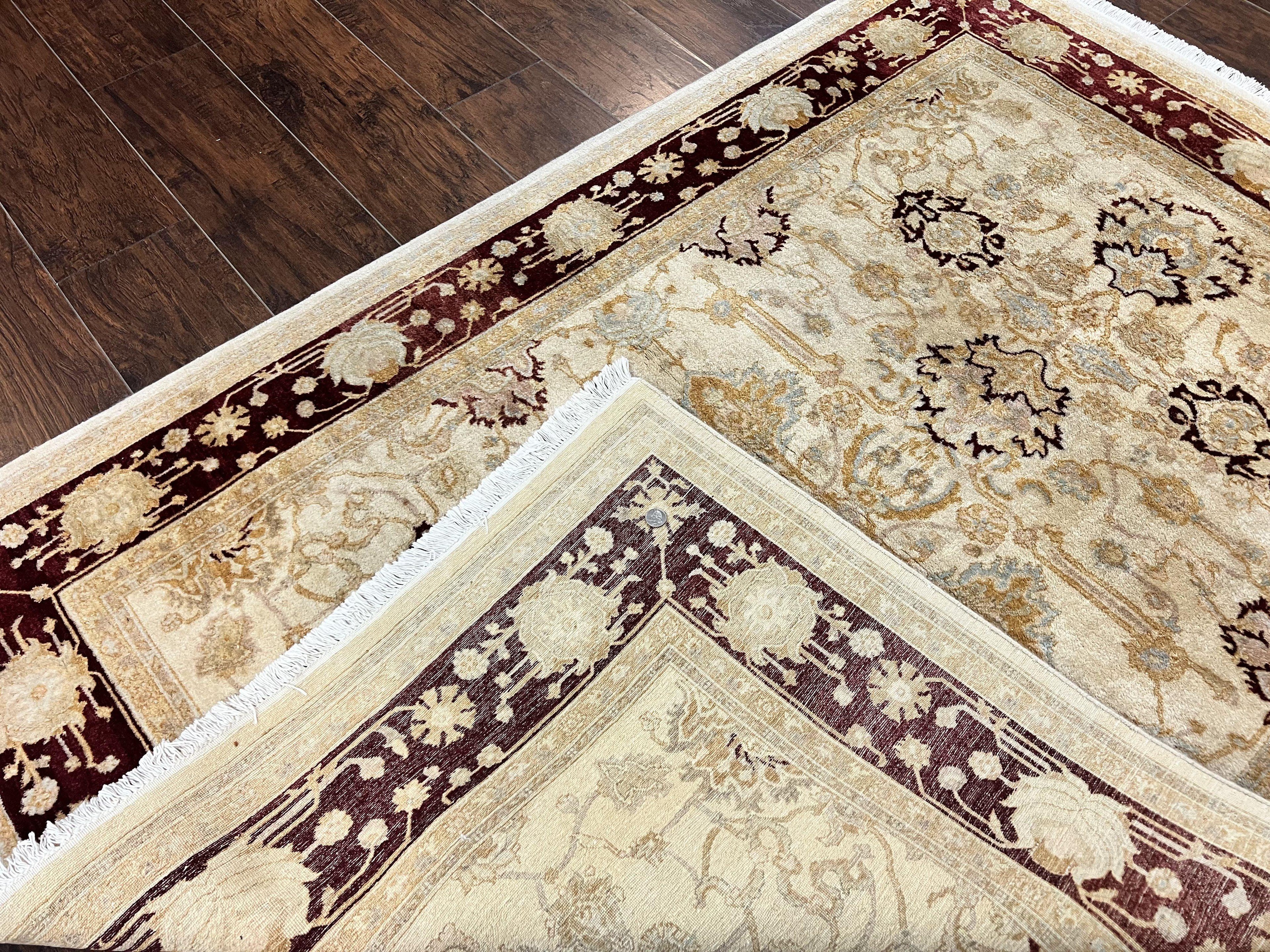 Peshawar Rug 5x7, Beige and Maroon, Vintage Handmade Wool Traditional Carpet 5 x 7 ft, Pakistani Rug, Agra Pattern, Very Fine 260 KPSI