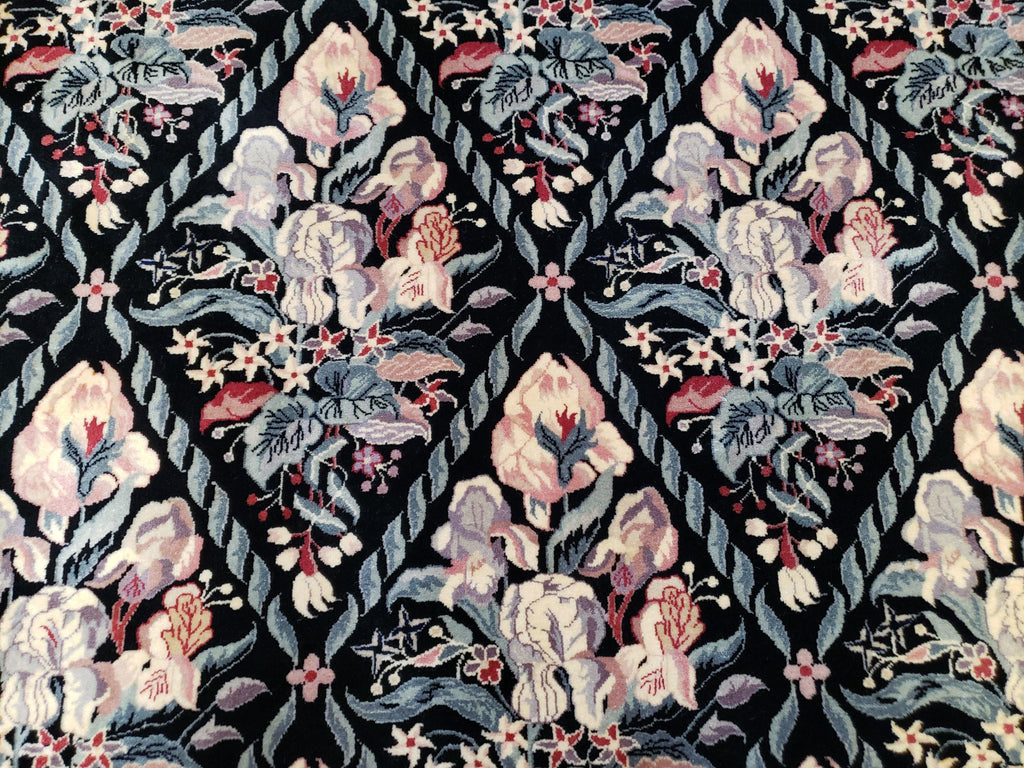 Sino-Persian Kirman Rug 9x12 Floral Handmade Wool Carpet Black & Ivory Vintage