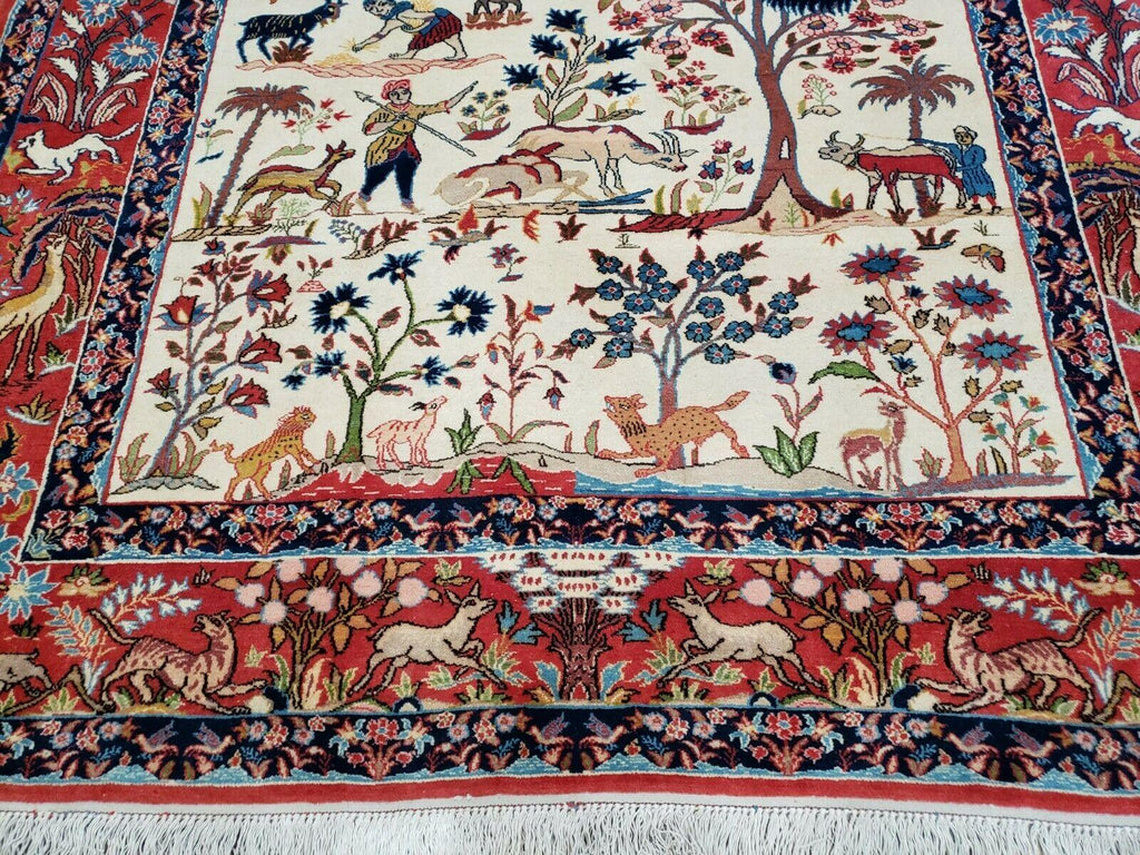Antique Persian Isfahan Rug 5x7, Animal and Human Pictorials, Hand Knotted Fine Oriental Wool Carpet, Cream and Red, High KPSI, Vintage Rug 5 x 7 ft