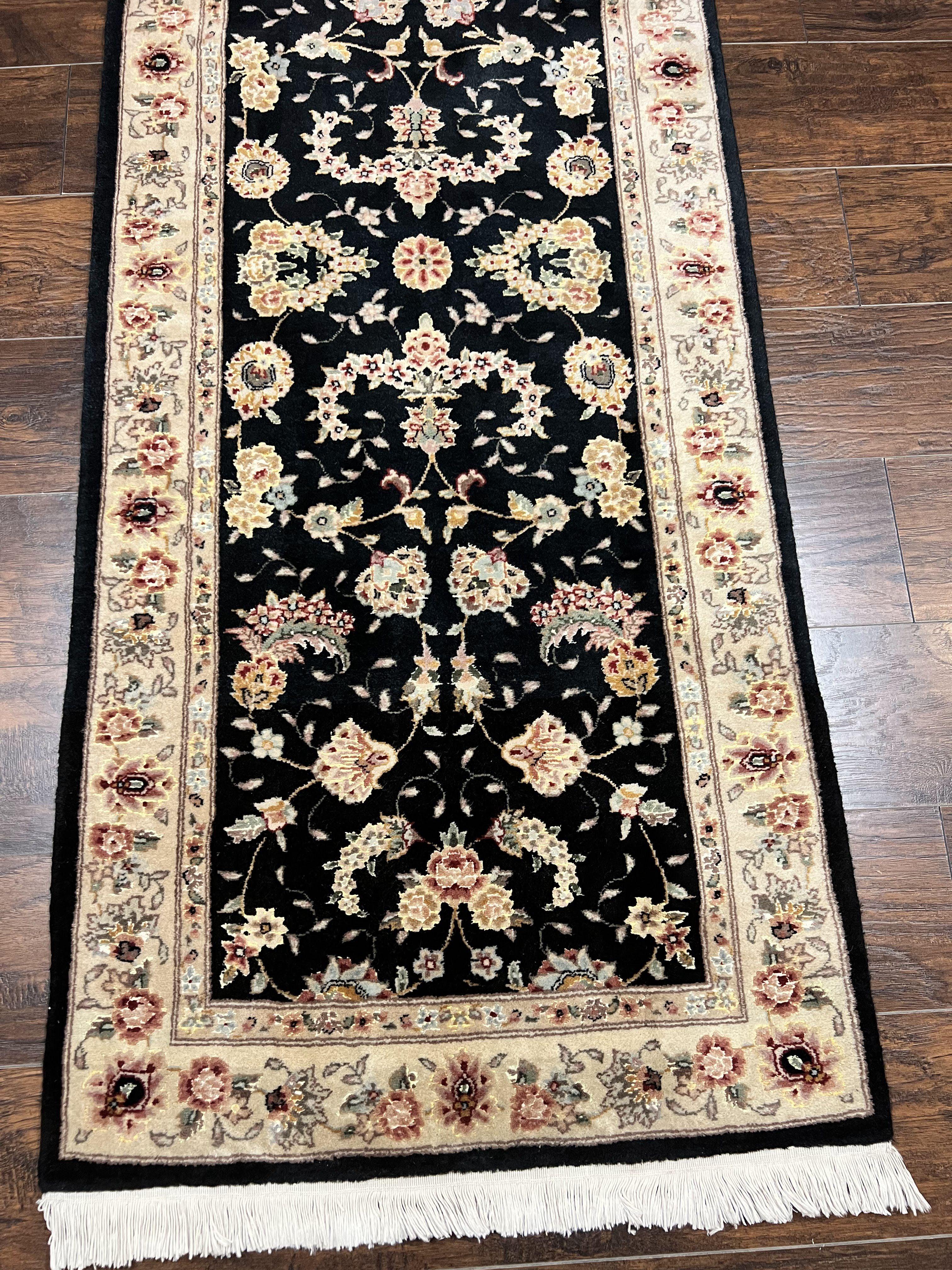 Sino Persian Short Runner Rug 2.7 x 6, Wool and Silk Highlights Black and Beige Handmade Vintage Floral Allover Oriental Carpet, Hallway Rug