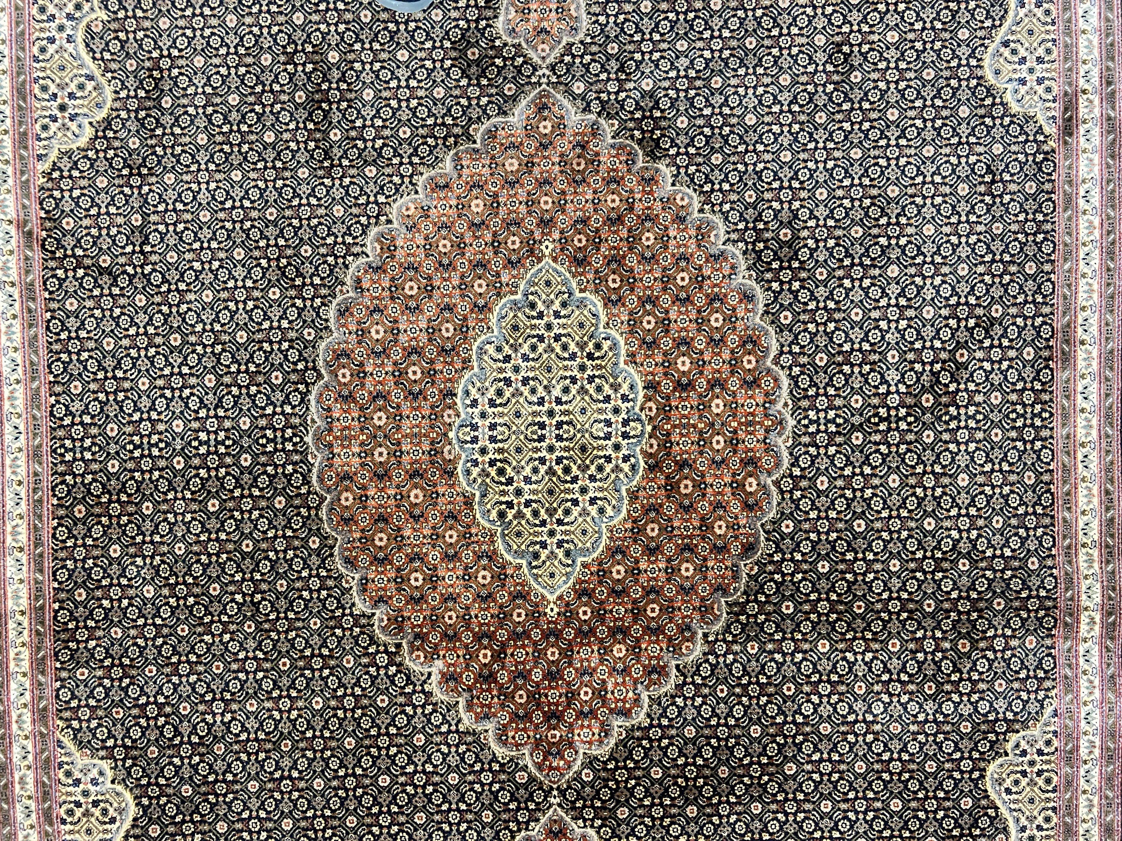 Persian Tabriz Rug 7x10, Very Fine 330 KPSI 50 Raj, Black and Beige, Handmade Wool Vintage Persian Carpet