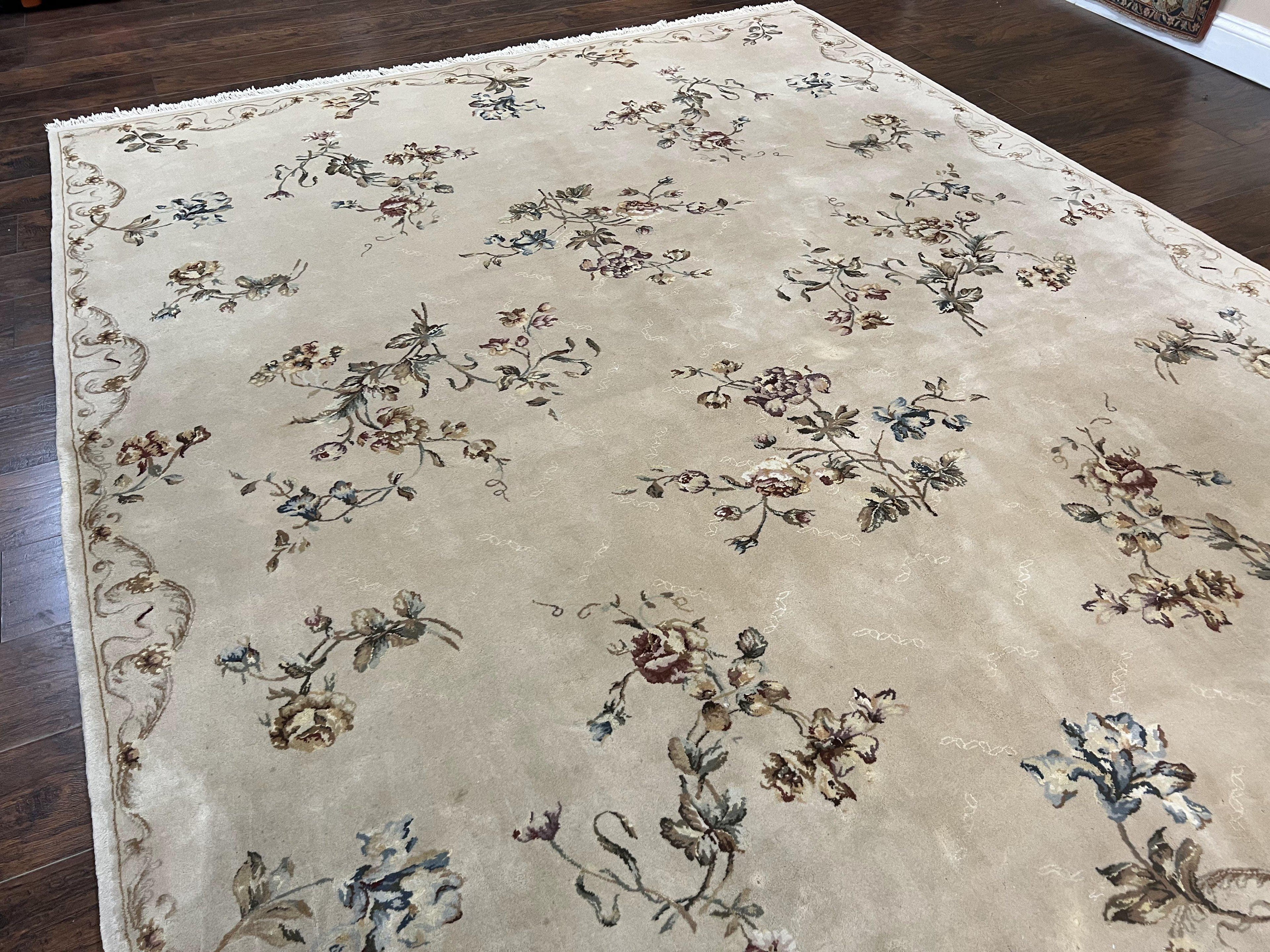 Chinese 120 Line Rug 8x10, Chinese Aubusson Wool & Silk Highlights Handmade Vintage Carpet, Beige Fine Weave Rug, Floral European Design