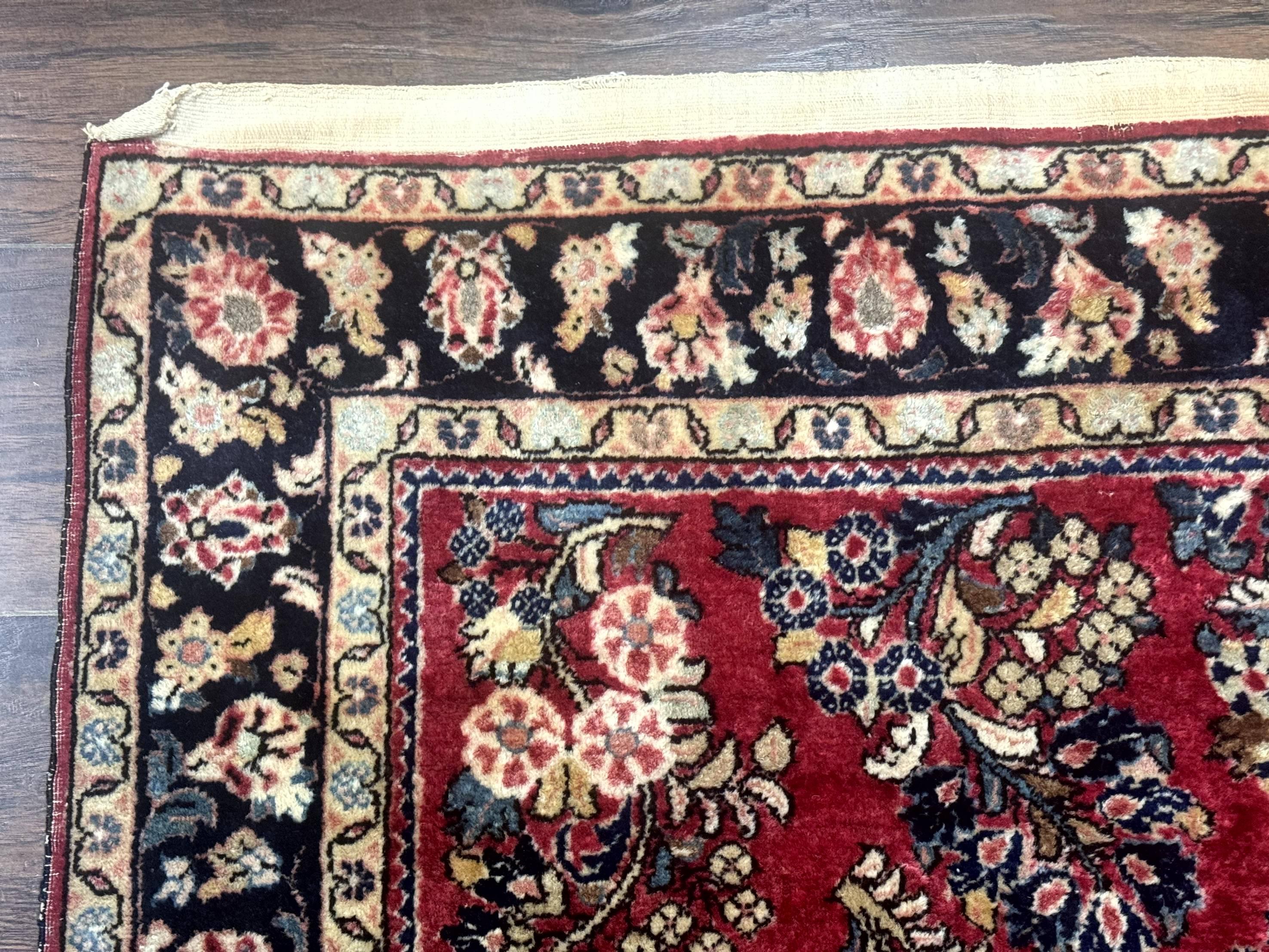 Antique Persian Sarouk Rug 4x7, Floral, Red 1920s Persian Wool Carpet