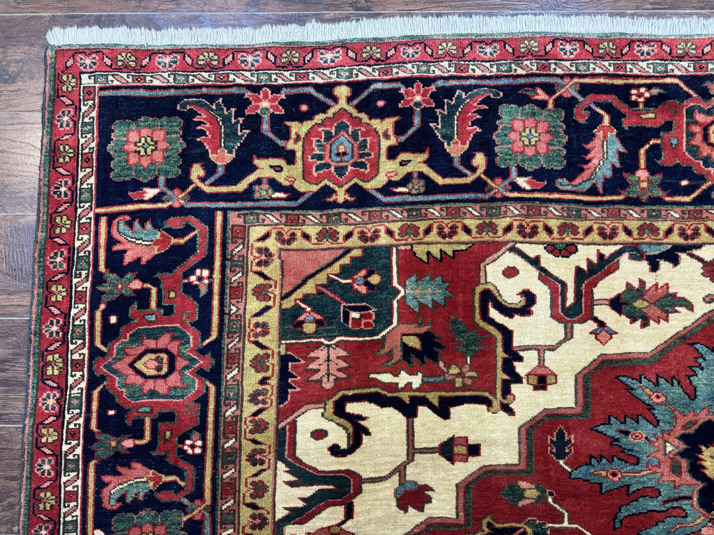 Persian Heriz Serapi Rug 8 x 10.6, Geometric Medallion, Great Colors, Rare, Red Navy Blue Ivory