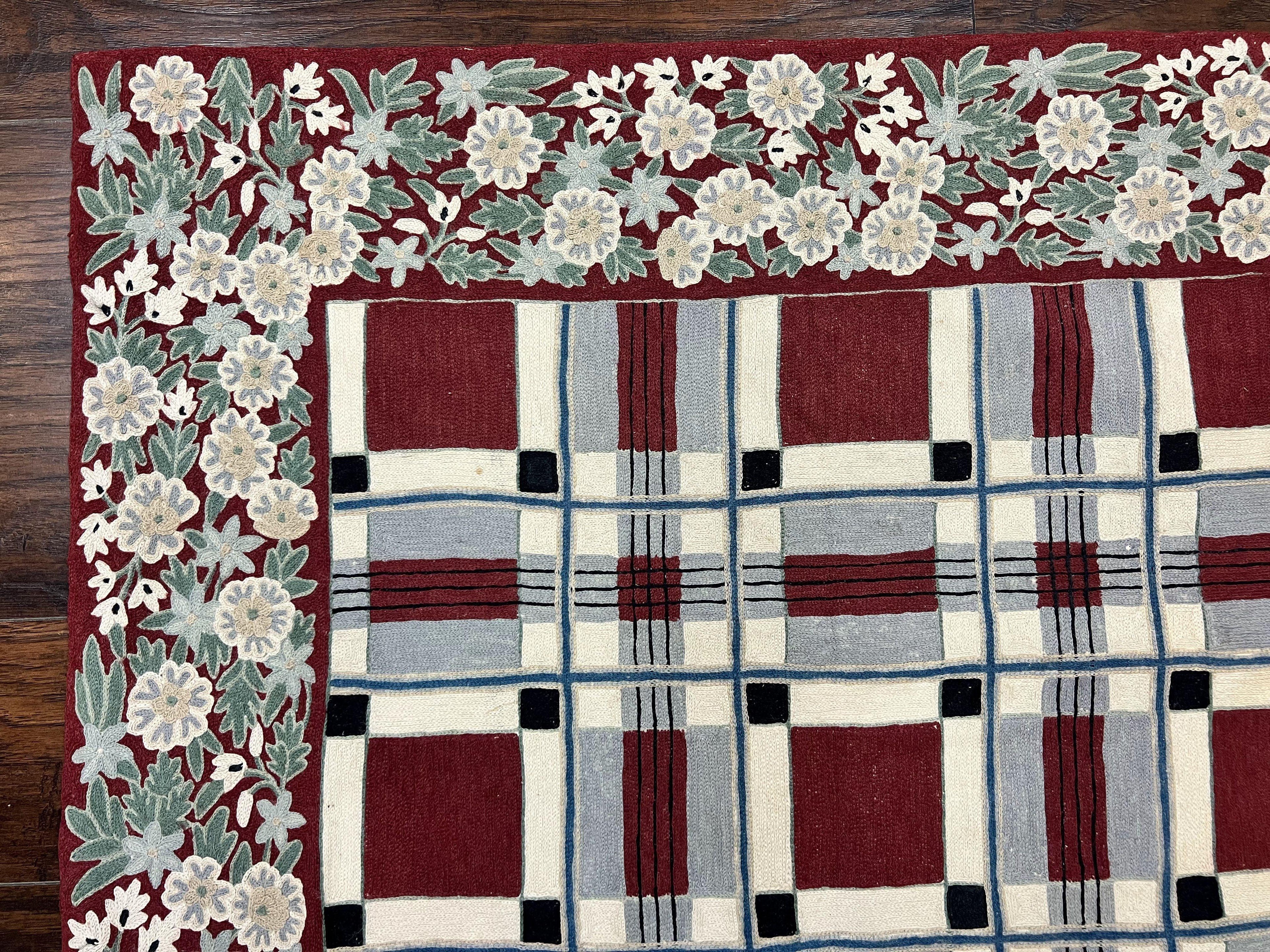 Indian Hand Stitched Rug 4x6, Vintage Carpet, Checkerboard Floral Pattern, Maroon Ivory, Flatweave, Wool
