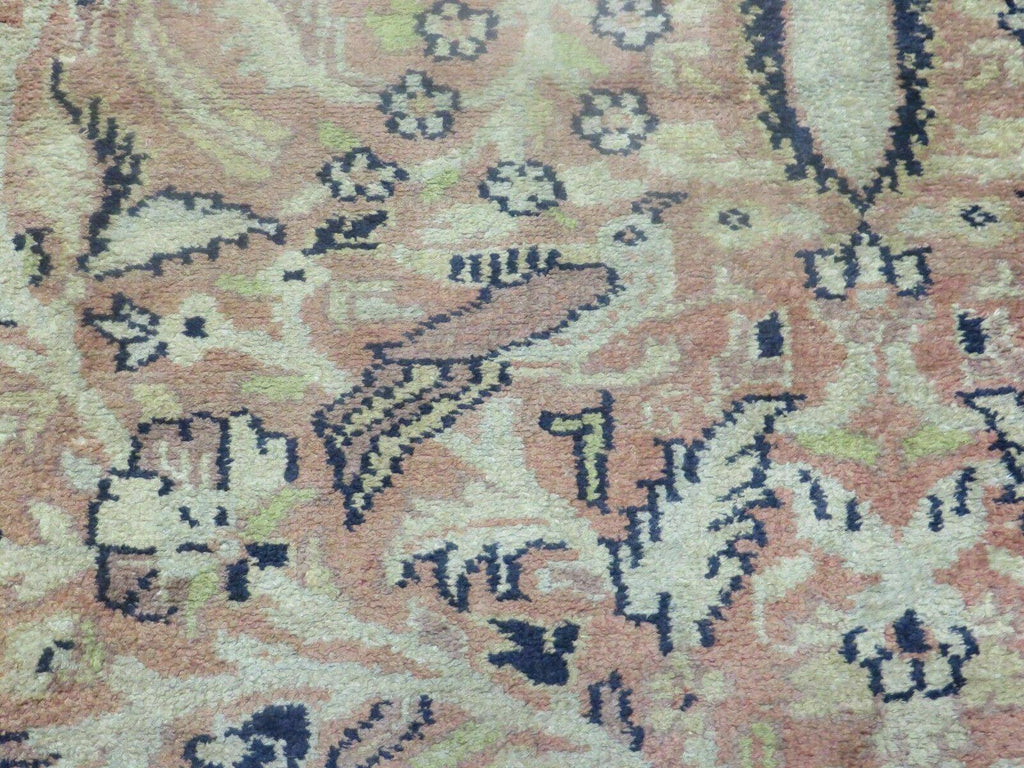 Indian Silk Rug 4x6, Indian Kashmiri Silk Carpet 4 x 6 ft, Vintage Hand Knotted Floral Bird Motifs, Light Pink and Navy Blue, Silk on Cotton
