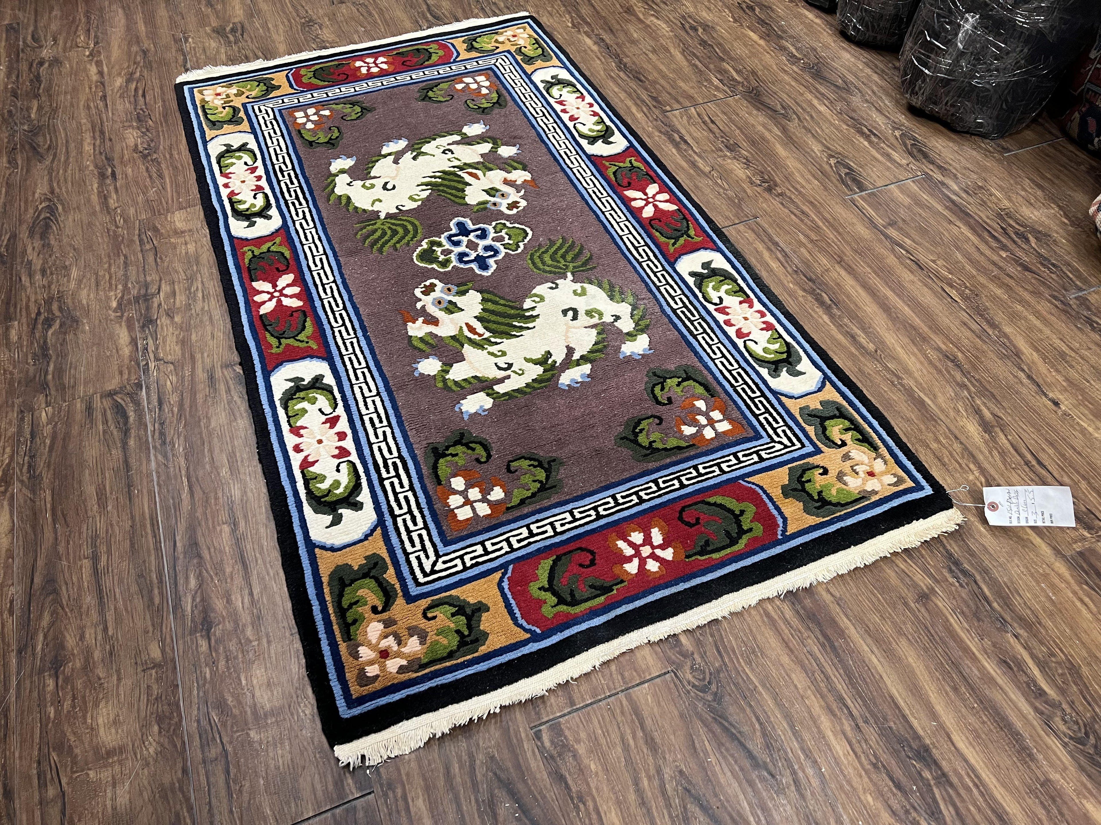 Chinese Art Deco Rug 3 x 5.5 with Animal Pictorials, Vintage Chinese Peking Wool Area Rug, Dark Puce Maroon Ivory, Hand Knotted Soft Carpet