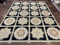Needlepoint Rug 8x10, Black Tan Beige, Panel Design, Wool Handwoven Handmade Flatweave Needlepoint Carpet, Vintage French European Rug