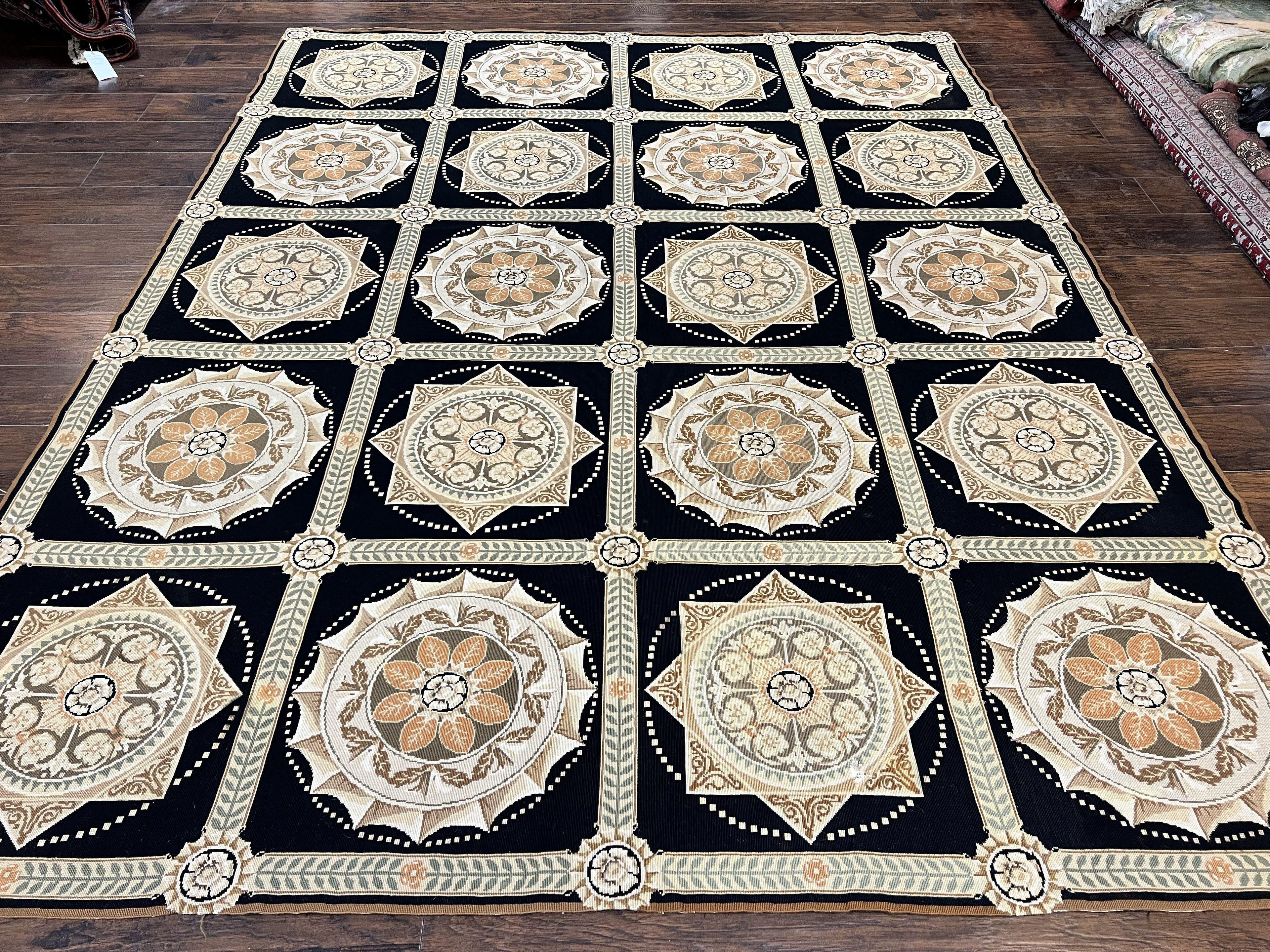 Needlepoint Rug 8x10, Black Tan Beige, Panel Design, Wool Handwoven Handmade Flatweave Needlepoint Carpet, Vintage French European Rug