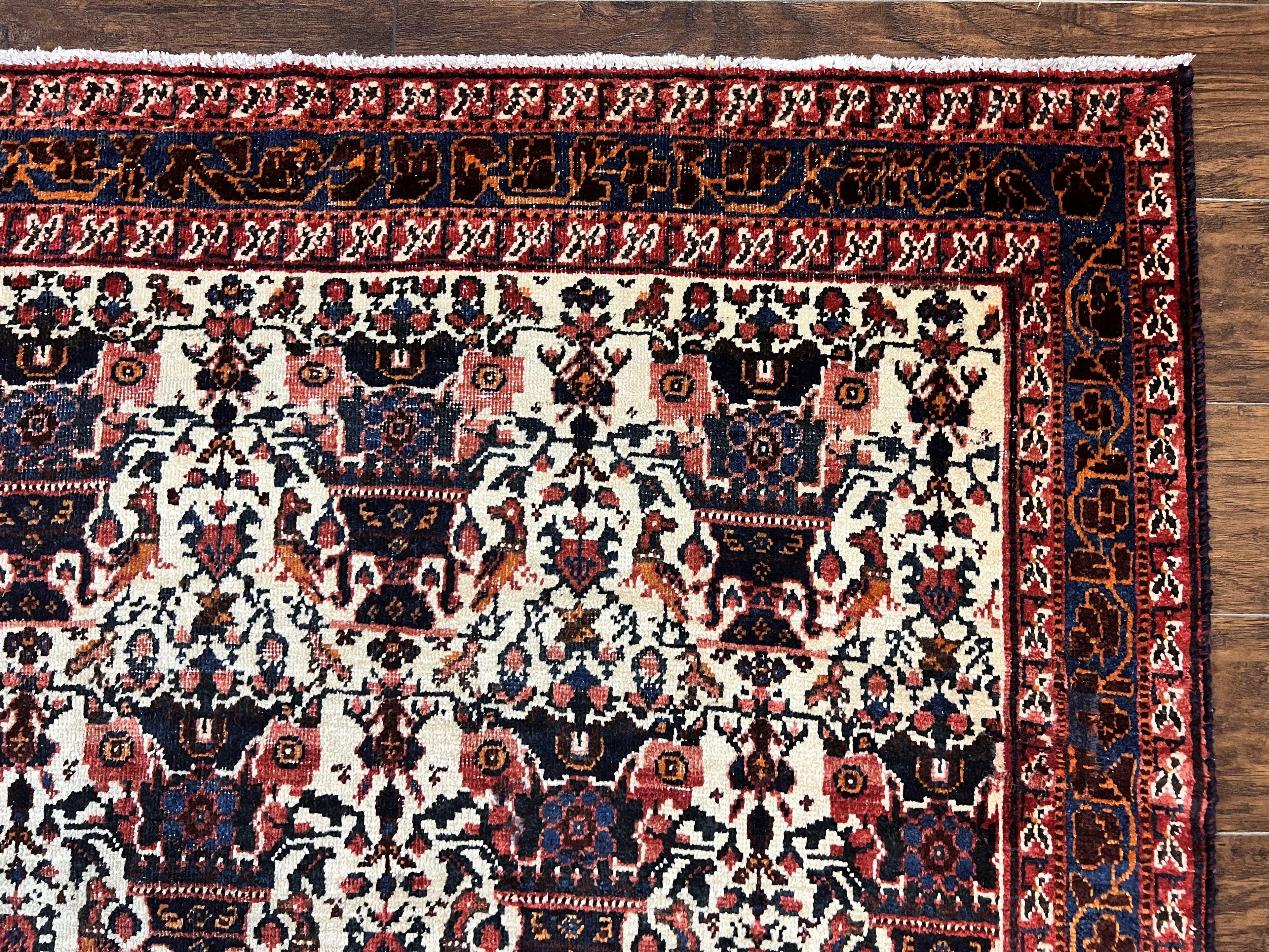 Persian Afshar Rug 6x8, Wool Hand Knotted Semi Antique Vintage Carpet, Floral Allover, Repeated Birds Flowers Vases Motifs