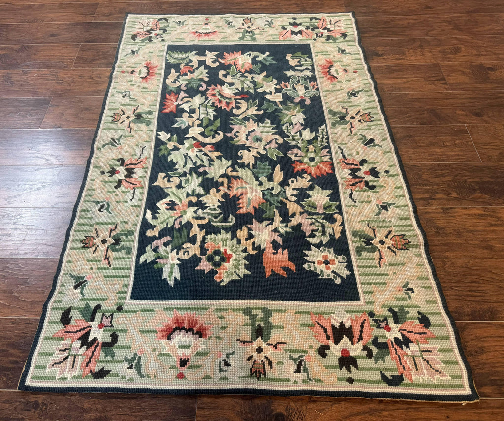 Vintage American Needlepoint Rug 4x6, Dark Green, Wool, Handmade, Flatweave Carpet