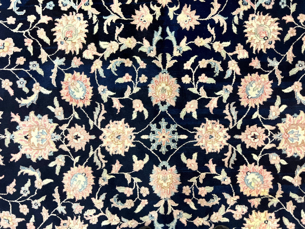Indo Persian Rug 9x12, Navy Blue and Ivory/Cream, Floral Allover, Wool Vintage Handmade Carpet