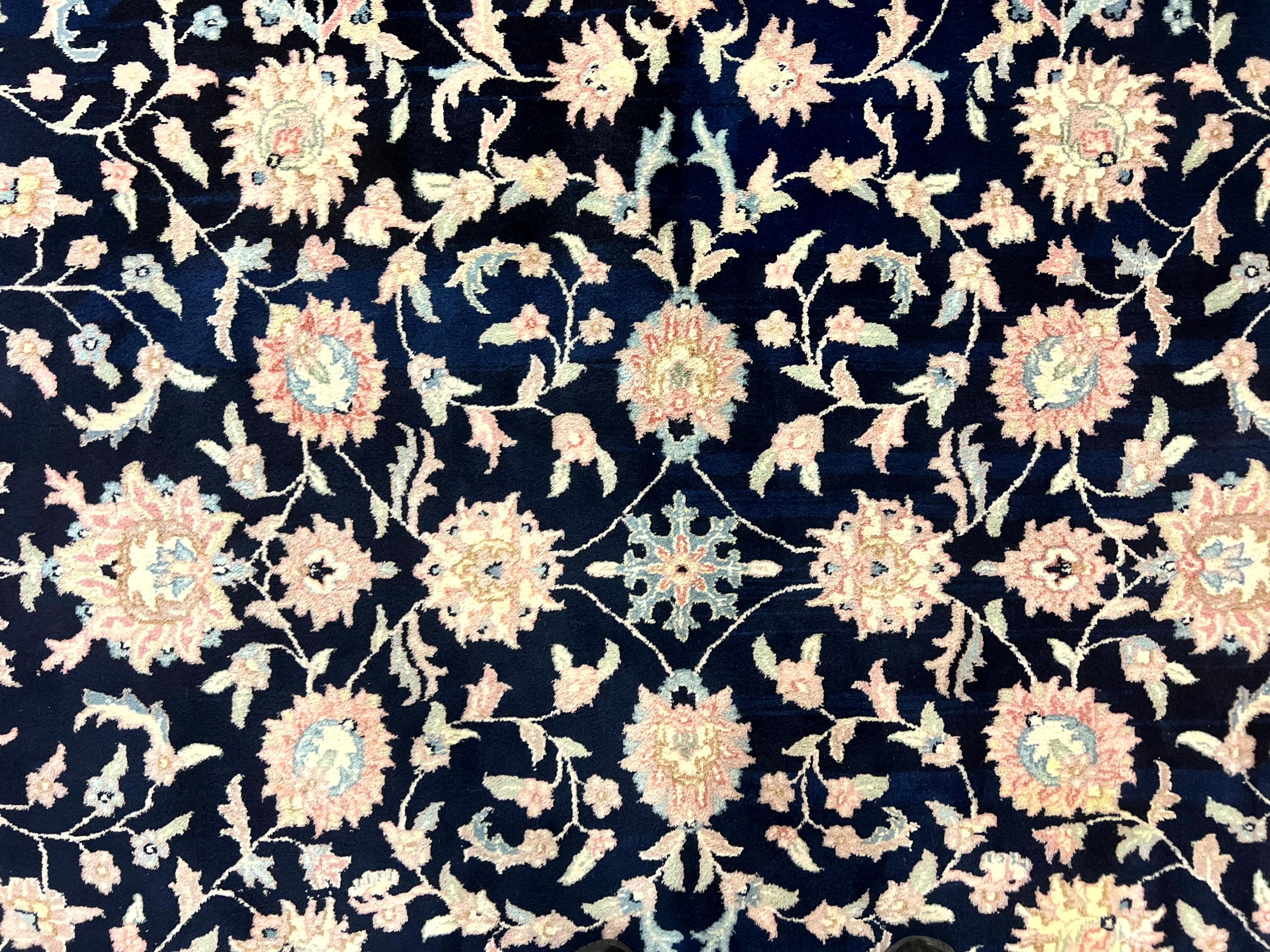 Indo Persian Rug 9x12, Navy Blue and Ivory/Cream, Floral Allover, Wool Vintage Handmade Carpet