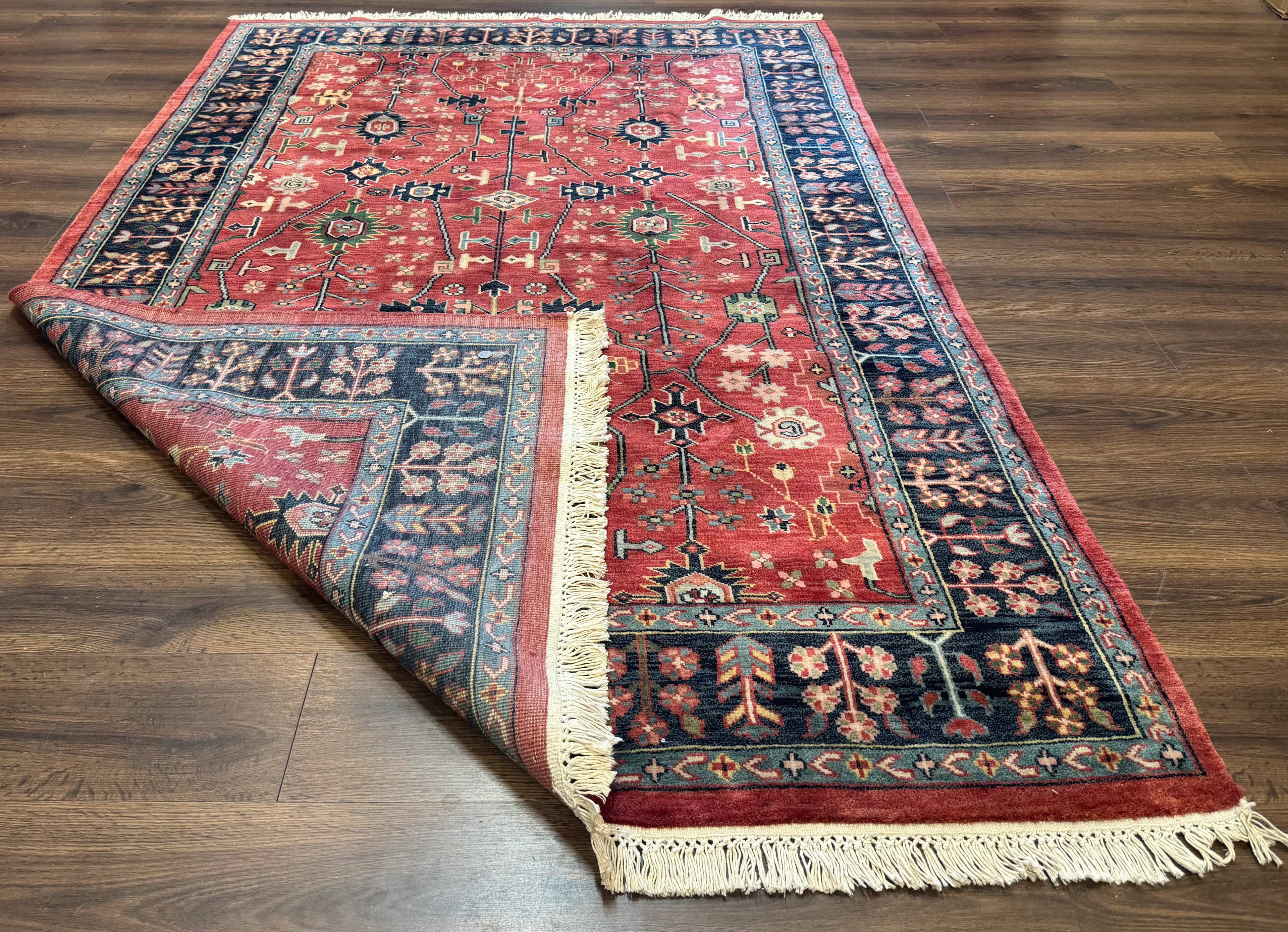 Indo Persian Heriz Serapi Rug 6x8, Rust Red and Navy Blue, Allover Pattern