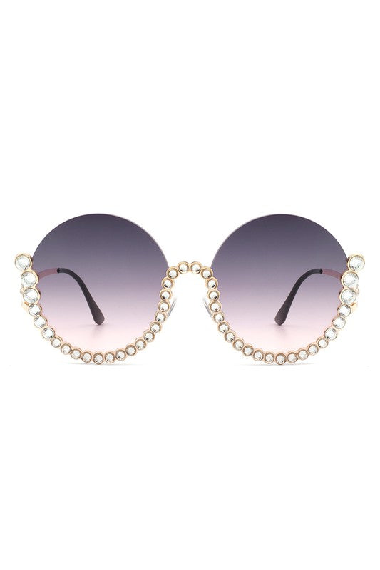 Half Frame Oversize Rhinestone Round Sunglasses