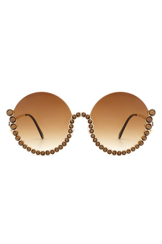 Half Frame Oversize Rhinestone Round Sunglasses