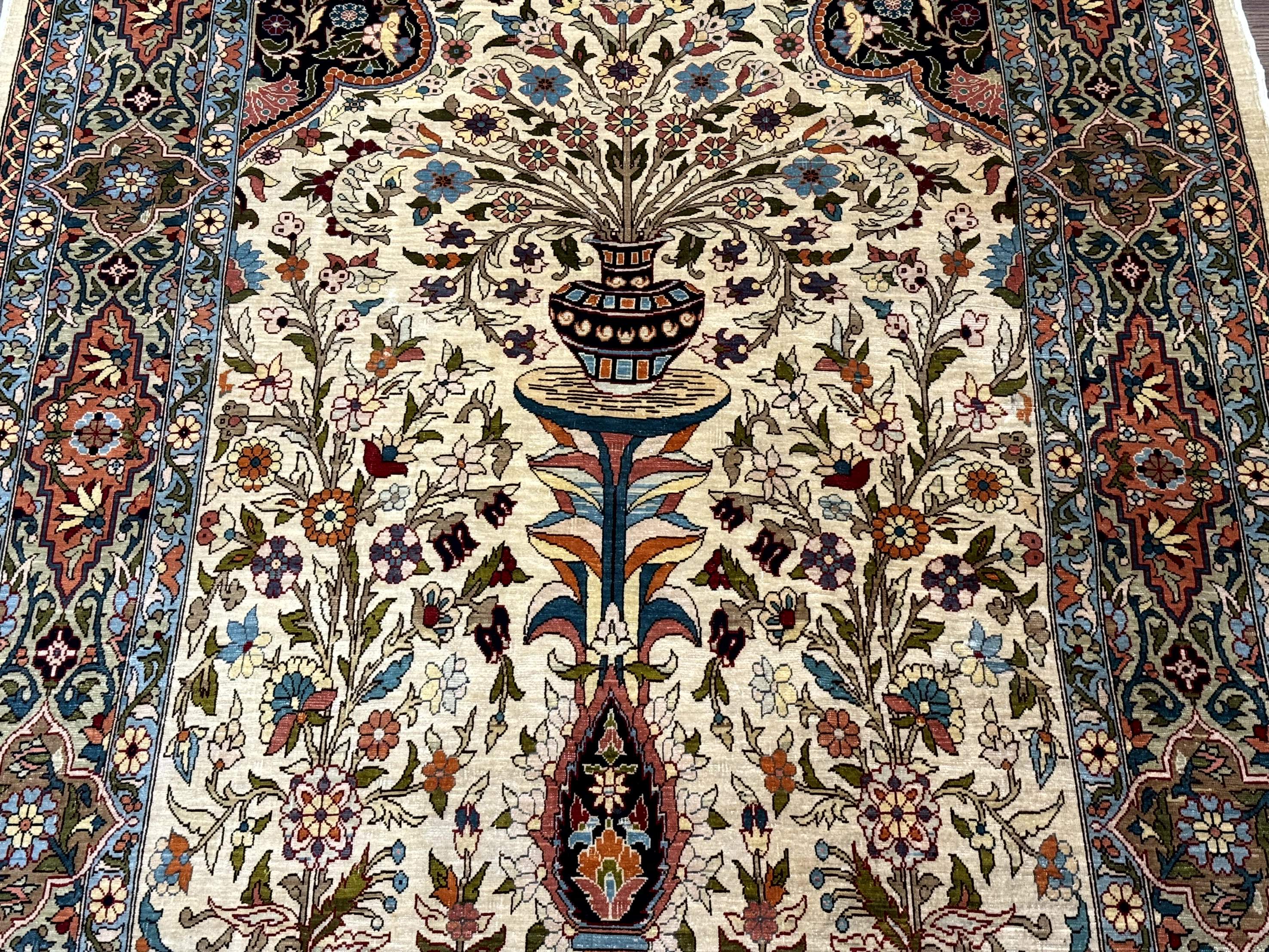 Rare Turkish Hereke Silk Rug 3x5, Tree of Life Persian Vase Design, Very Fine 440 KPSI, Signed