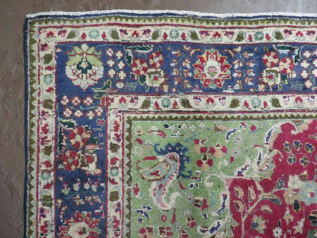 Persian Tabriz Rug 7x10, Red Blue and Green Rug, Allover Floral Medallion Rug, Hand Knotted Rug, Antique Rug 7 x 10 Vintage Wool Oriental Carpet