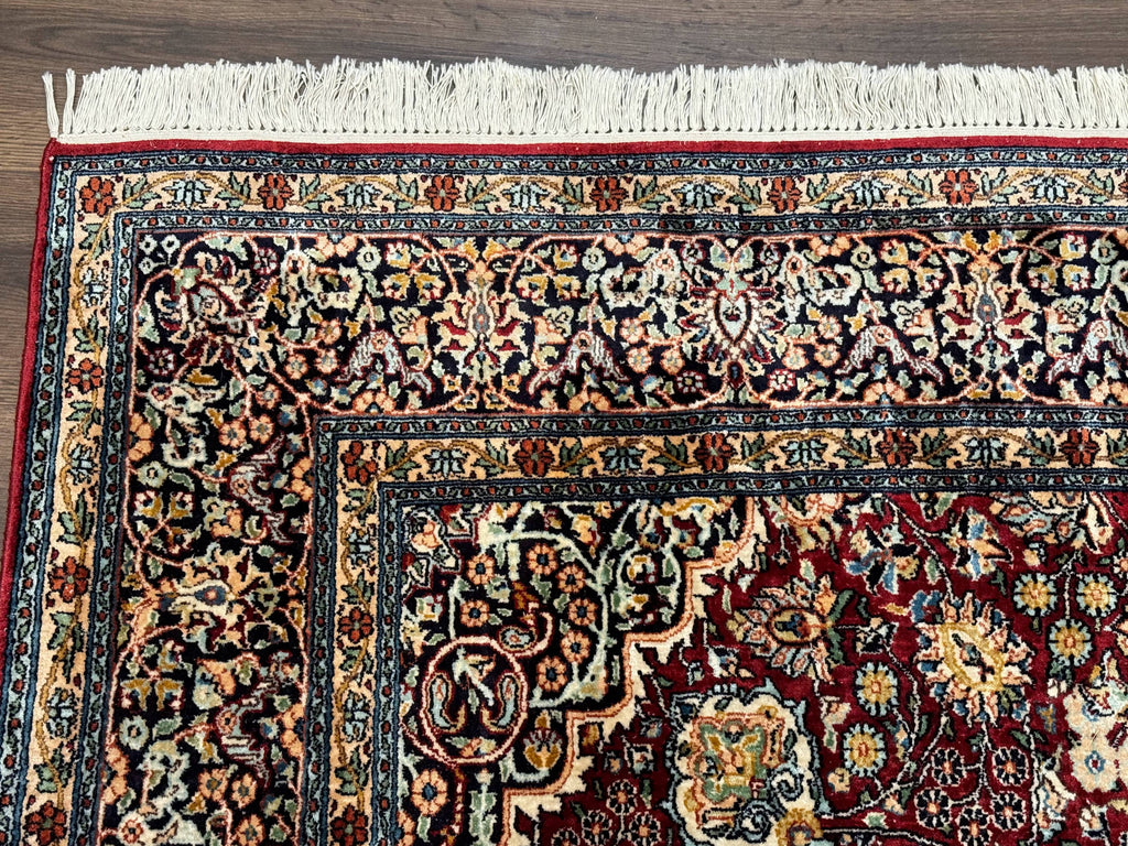 Indian Kashmiri Silk Rug 6x9, Red and Navy Blue, Floral Medallion, Fine 275 KPSI