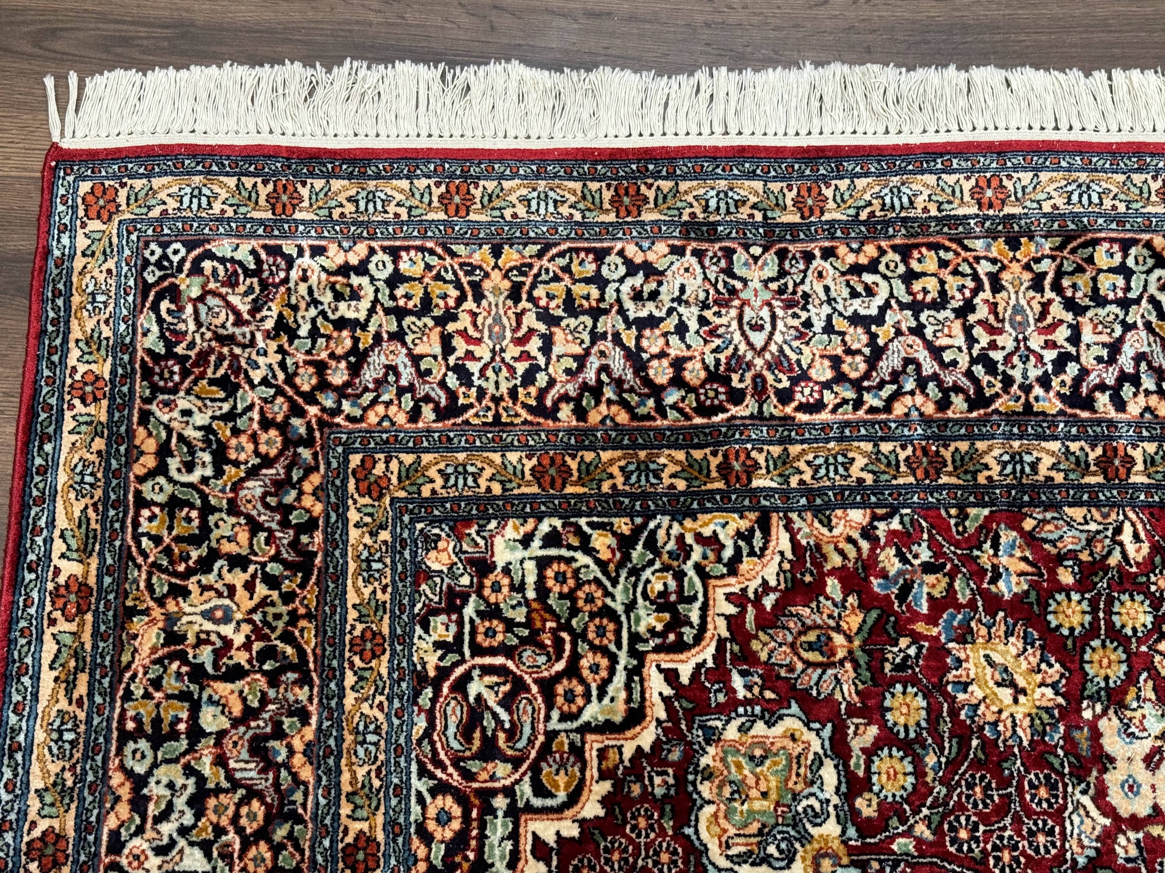 Indian Kashmiri Silk Rug 6x9, Red and Navy Blue, Floral Medallion, Fine 275 KPSI