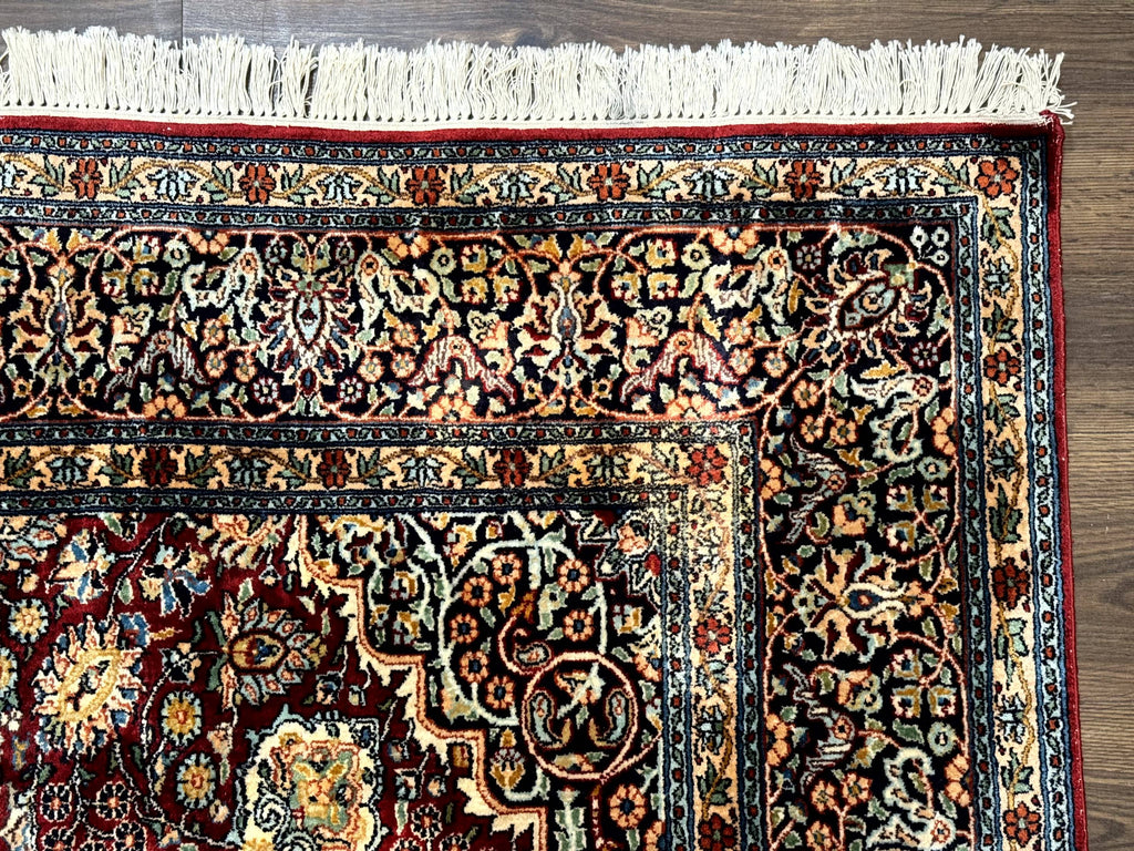 Indian Kashmiri Silk Rug 6x9, Red and Navy Blue, Floral Medallion, Fine 275 KPSI